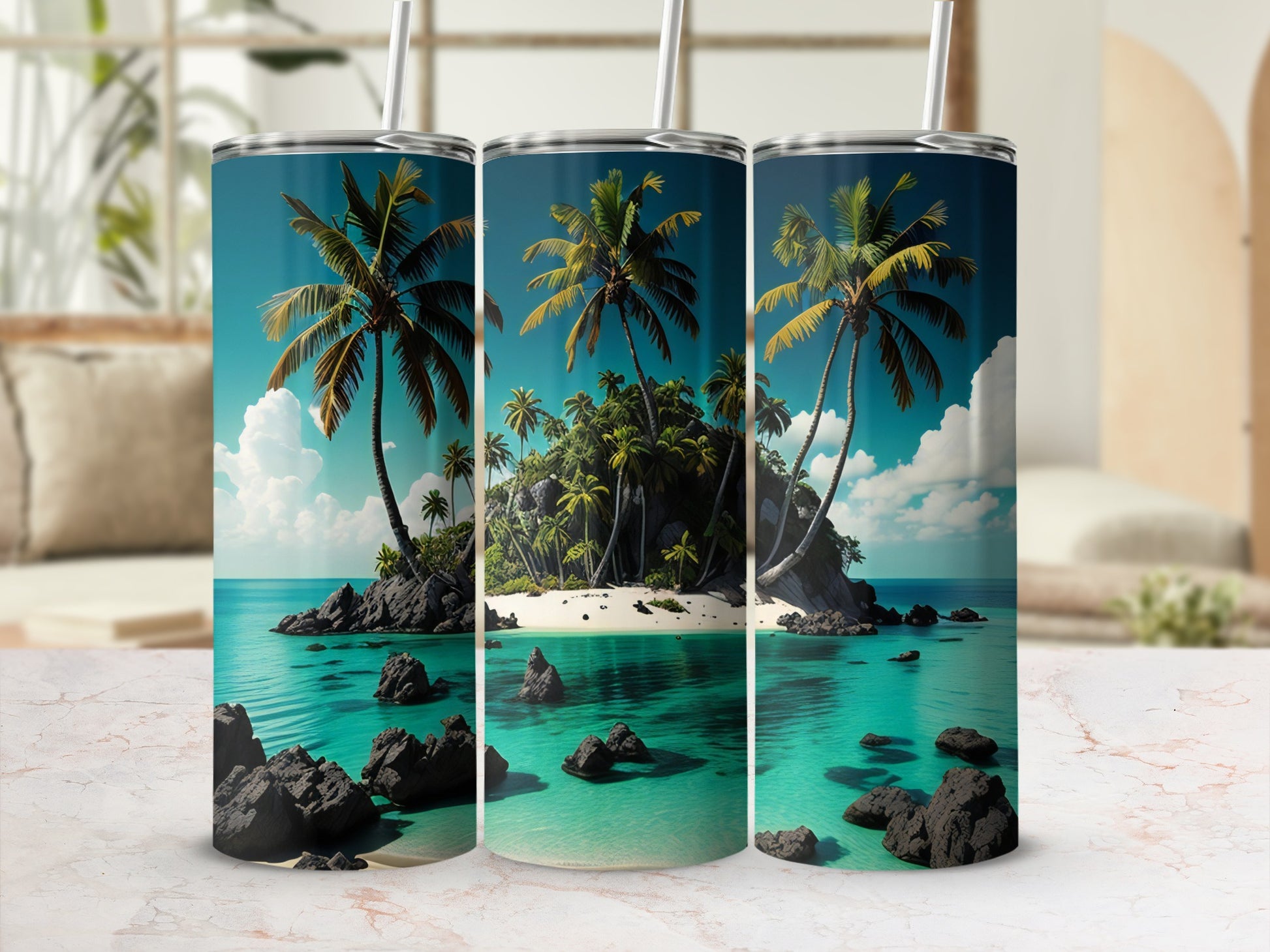 Tropical Island Paradise Tumbler with Palm Trees Print