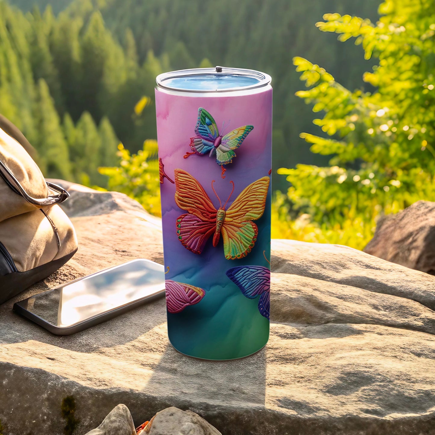 Butterfly Gradient Colorful Tumbler Vibrant Design product type
Tumbler, Butterfly, Gradient, Colorful, Drinkware, Travel tumbler, Insulated, Nature design, Embroidered look, Pink purple blue, Green aesthetic, Outdoor accessory, Gift idea, Unique pattern, Summer vibes, Artful tumbler, Modern design, Beverage holder, Pretty butterflies, Gradient shades