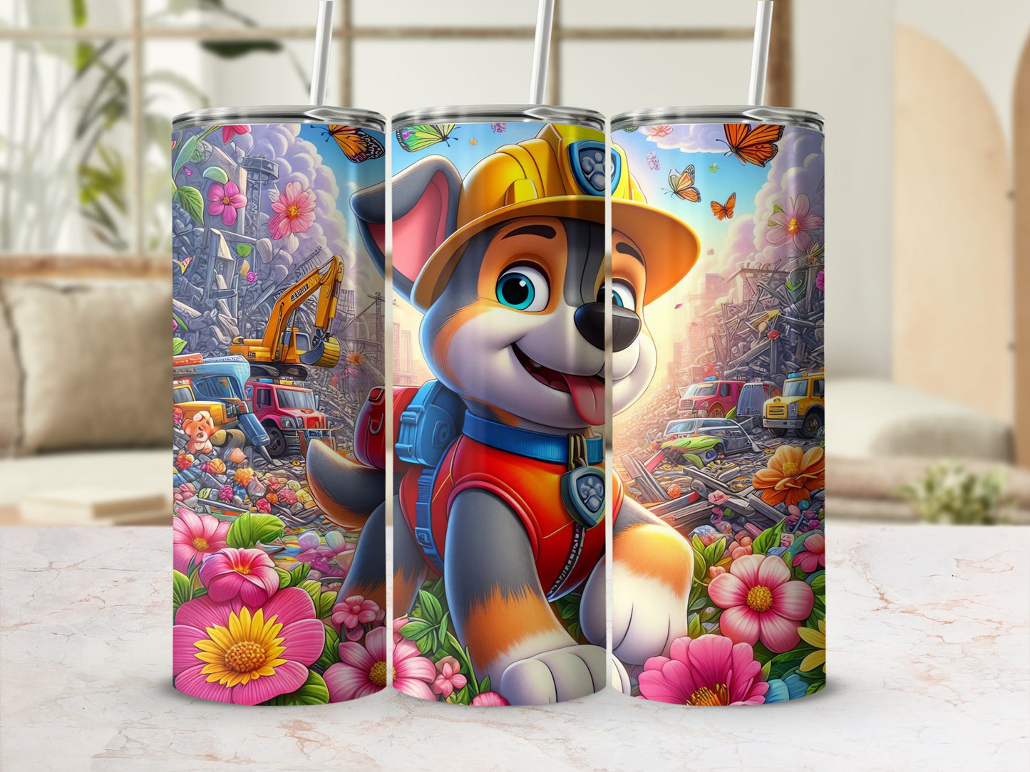 Colorful Cartoon Dog and Construction Graphic Cup Tumbler