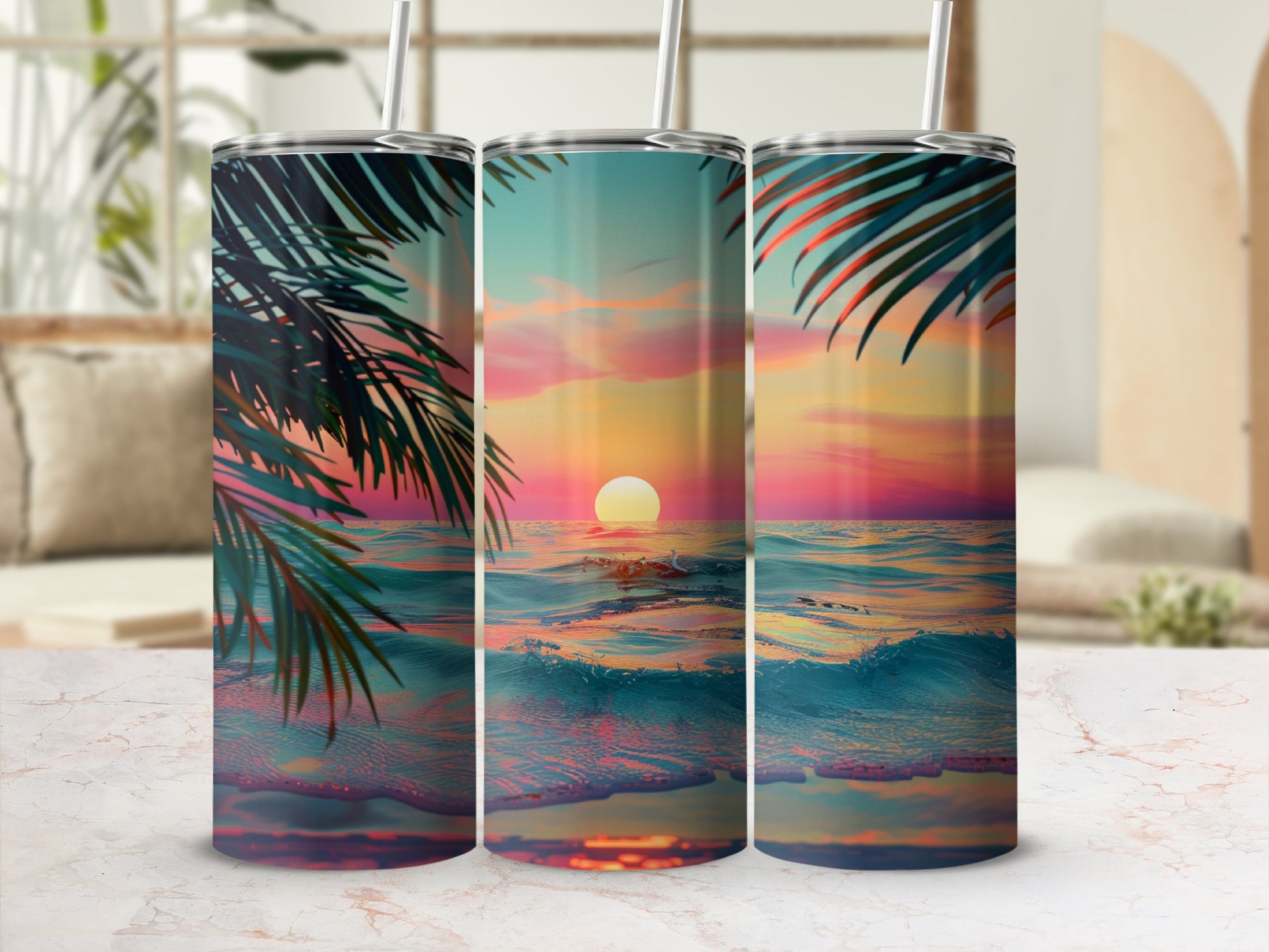 Three tumblers featuring a vibrant sunset over ocean waves with palm fronds.