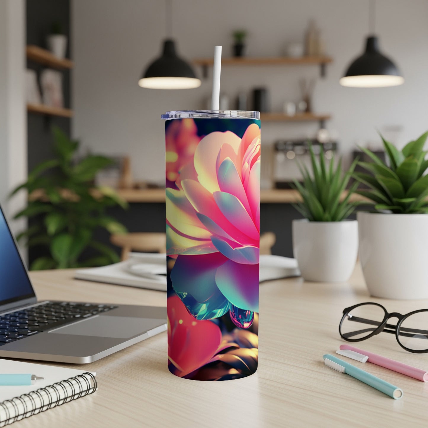 Floral design tumbler with straw on a desk next to a laptop and pens.