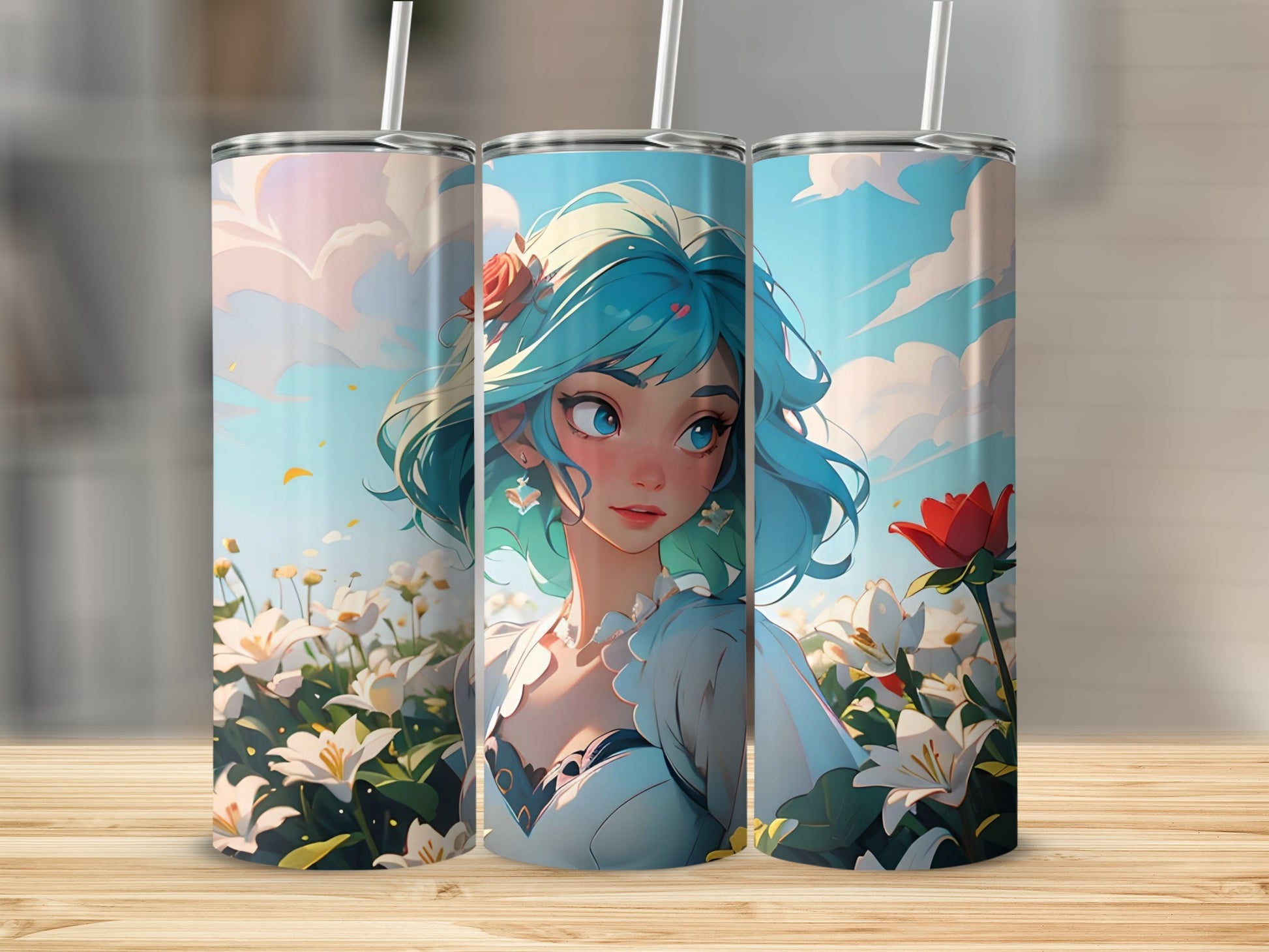 Fantasy Blue-Haired Girl in Floral Field Tumbler