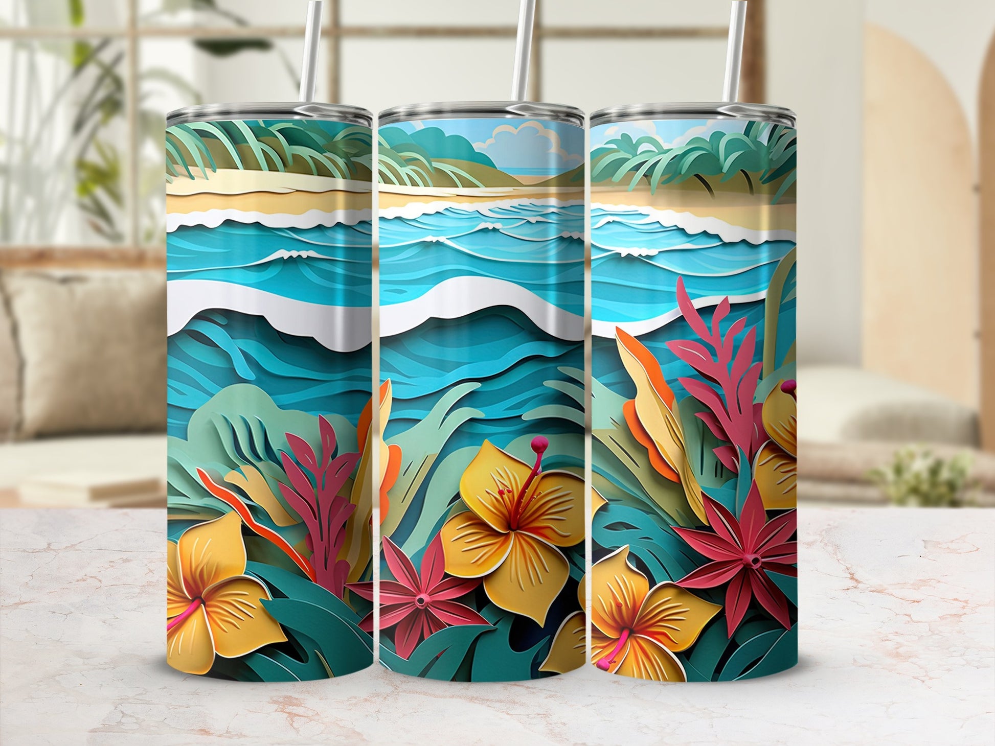 Tropical Beach Scene with Floral Design Tumbler