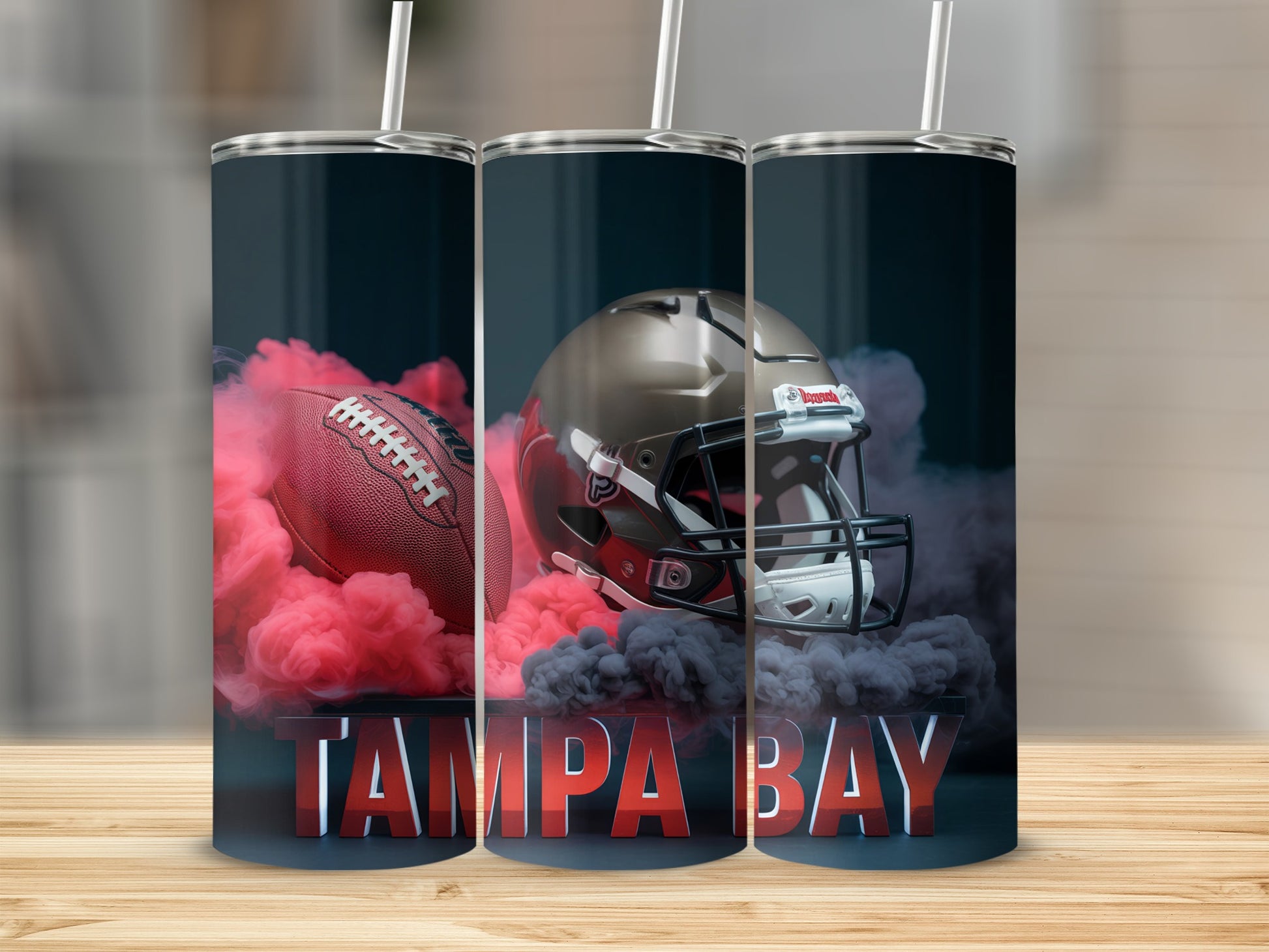 Tampa Bay Buccaneers football helmet and ball with smoky background.