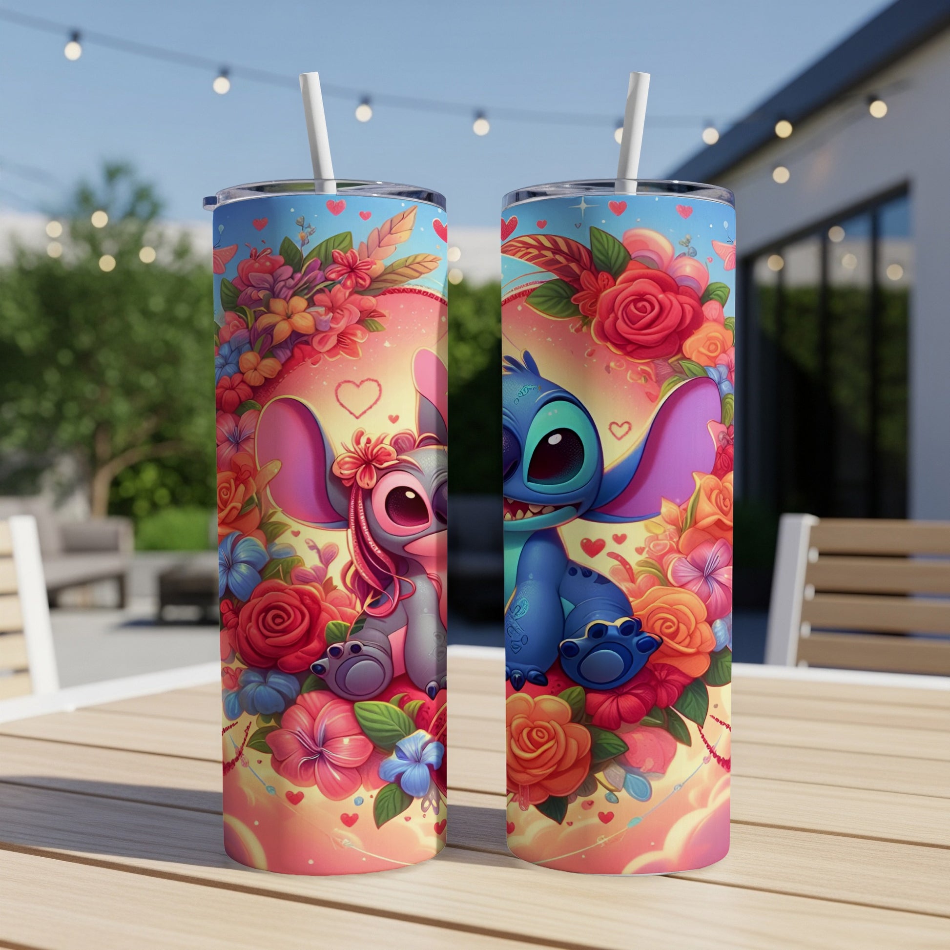 Two Stitch character tumblers with floral designs, on a table.