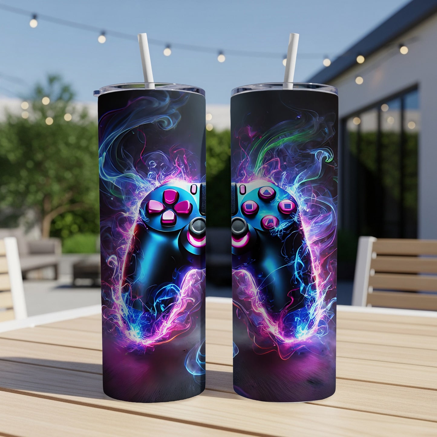 Game controller with colorful smoke effect on a skinny tumbler.