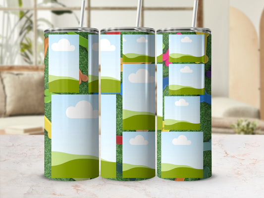 Three tumblers with a grassy background and photo frame design.