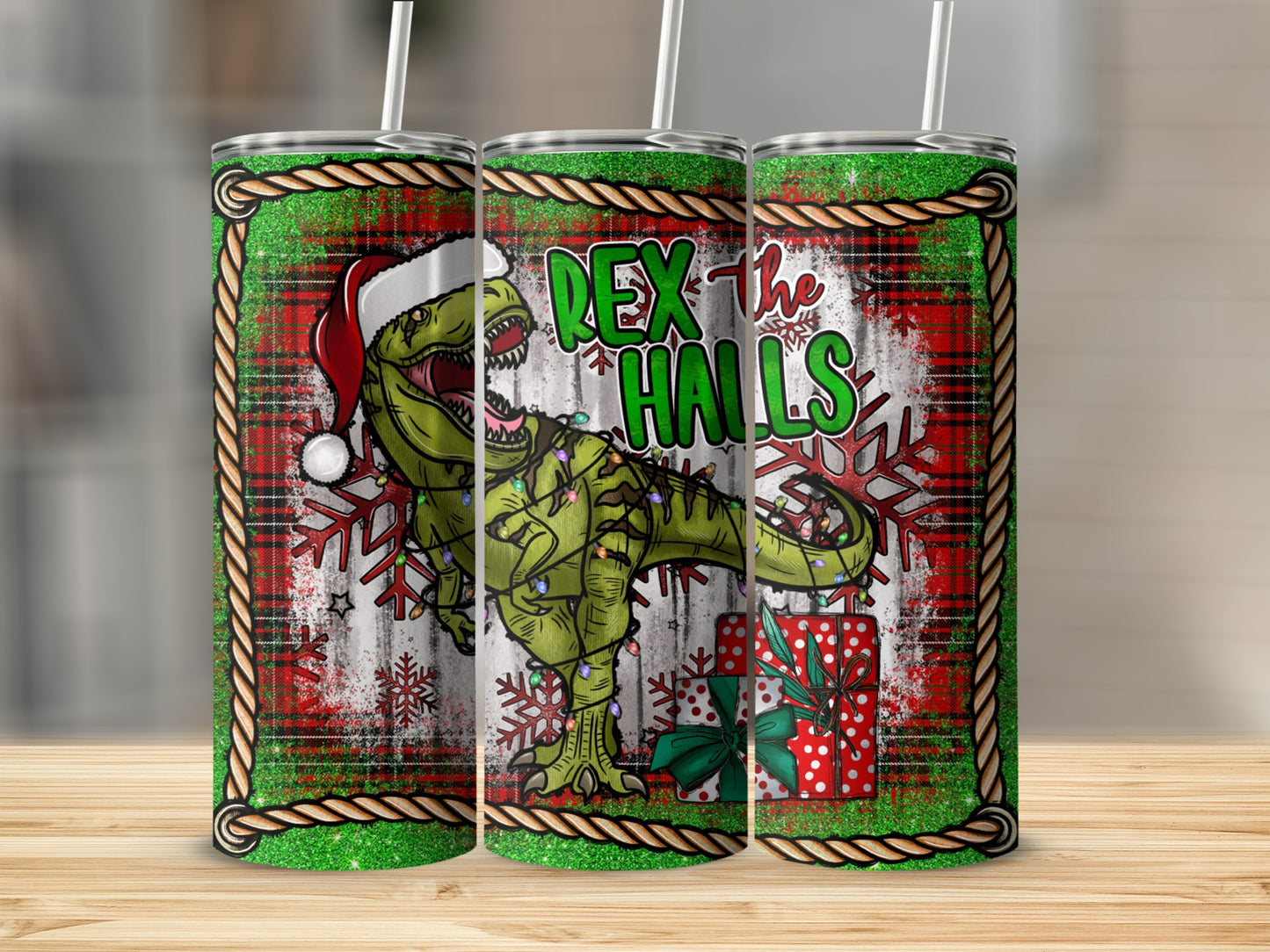 Christmas dinosaur wrapped in lights, "Rex the Halls" text, plaid background.
