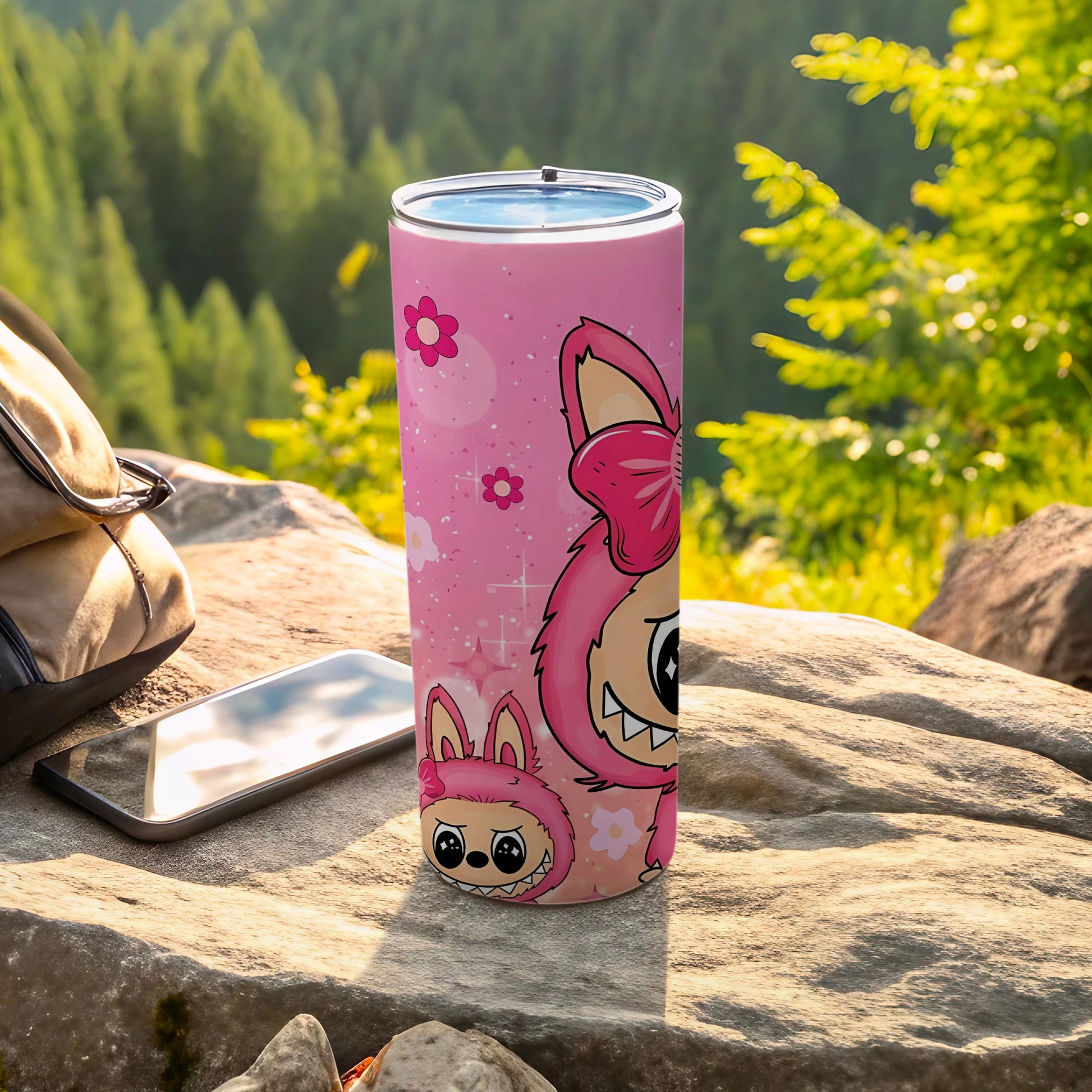 Cute Pink Monster and Flowers Design Tumbler