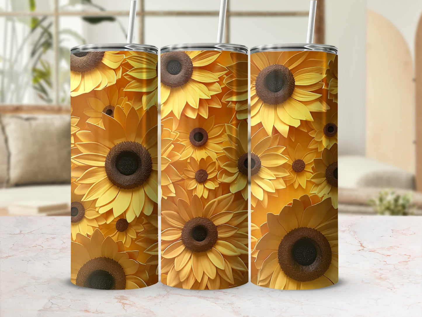Three tumblers with a repeating pattern of large sunflowers.