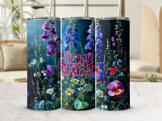 Happy Birthday tumbler with purple, blue, and red wildflowers.