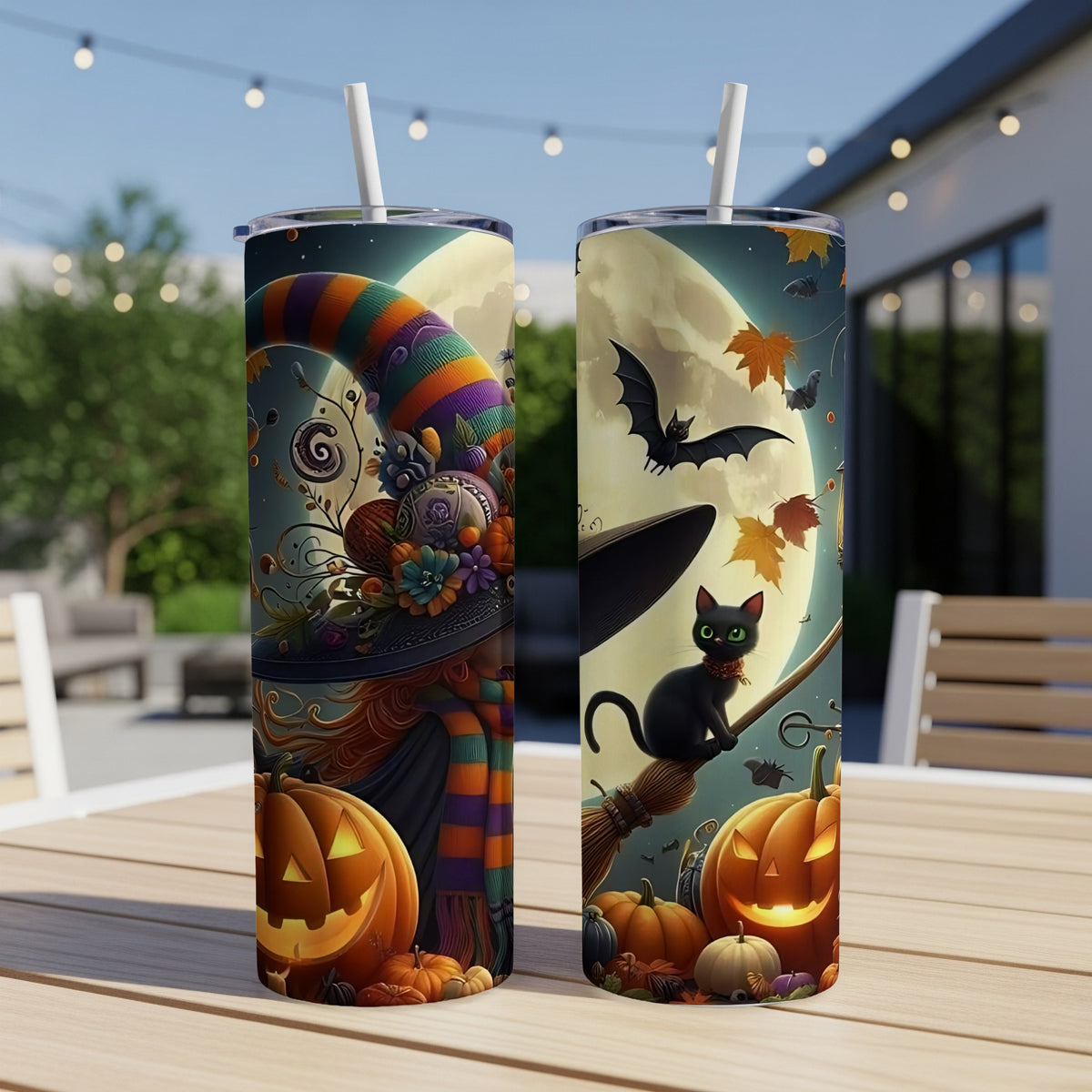 Two Halloween tumblers with witch and black cat designs, pumpkins, and bats.