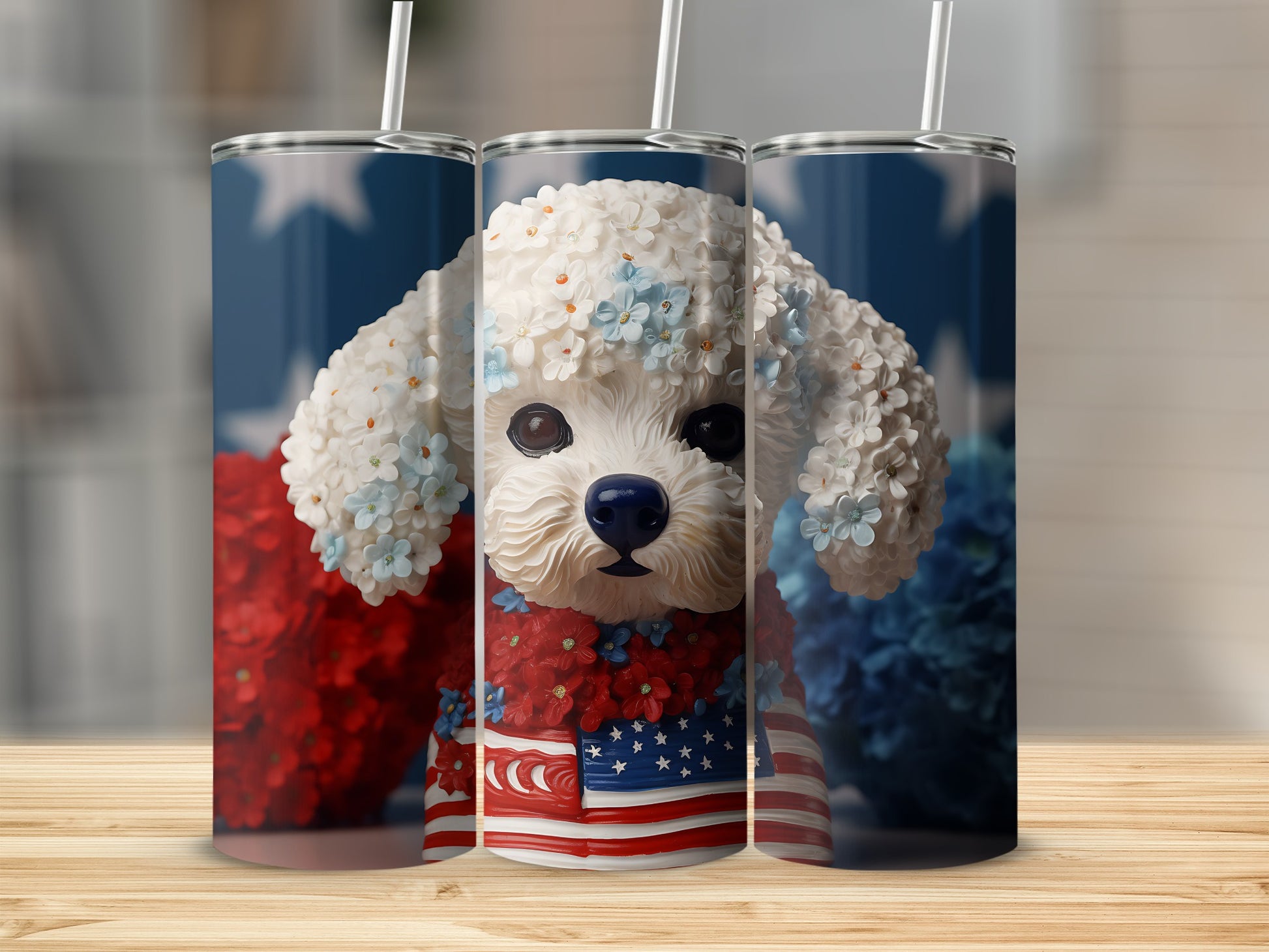 White dog wearing patriotic floral collar with American flag accents.