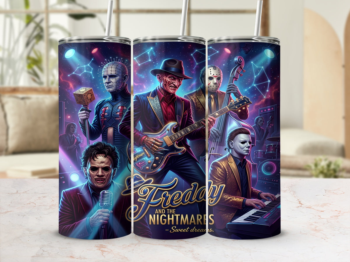 Freddy and the Nightmares band, featuring horror characters playing instruments, on a tumbler.