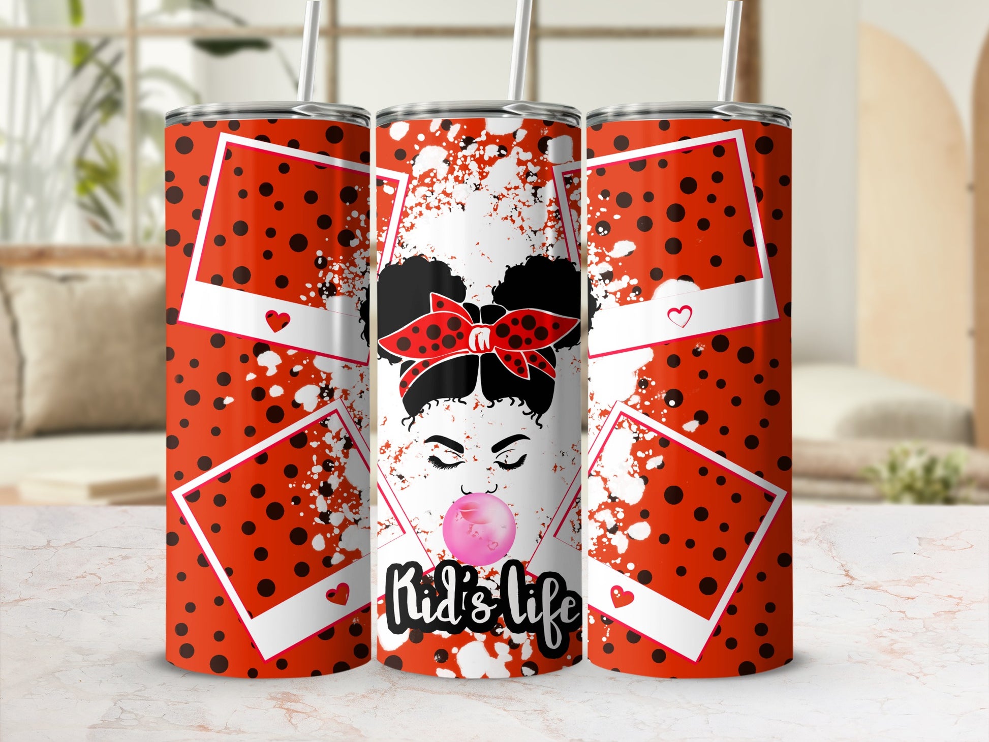 Tumbler with a girl blowing pink bubblegum and "Kid's Life" text.