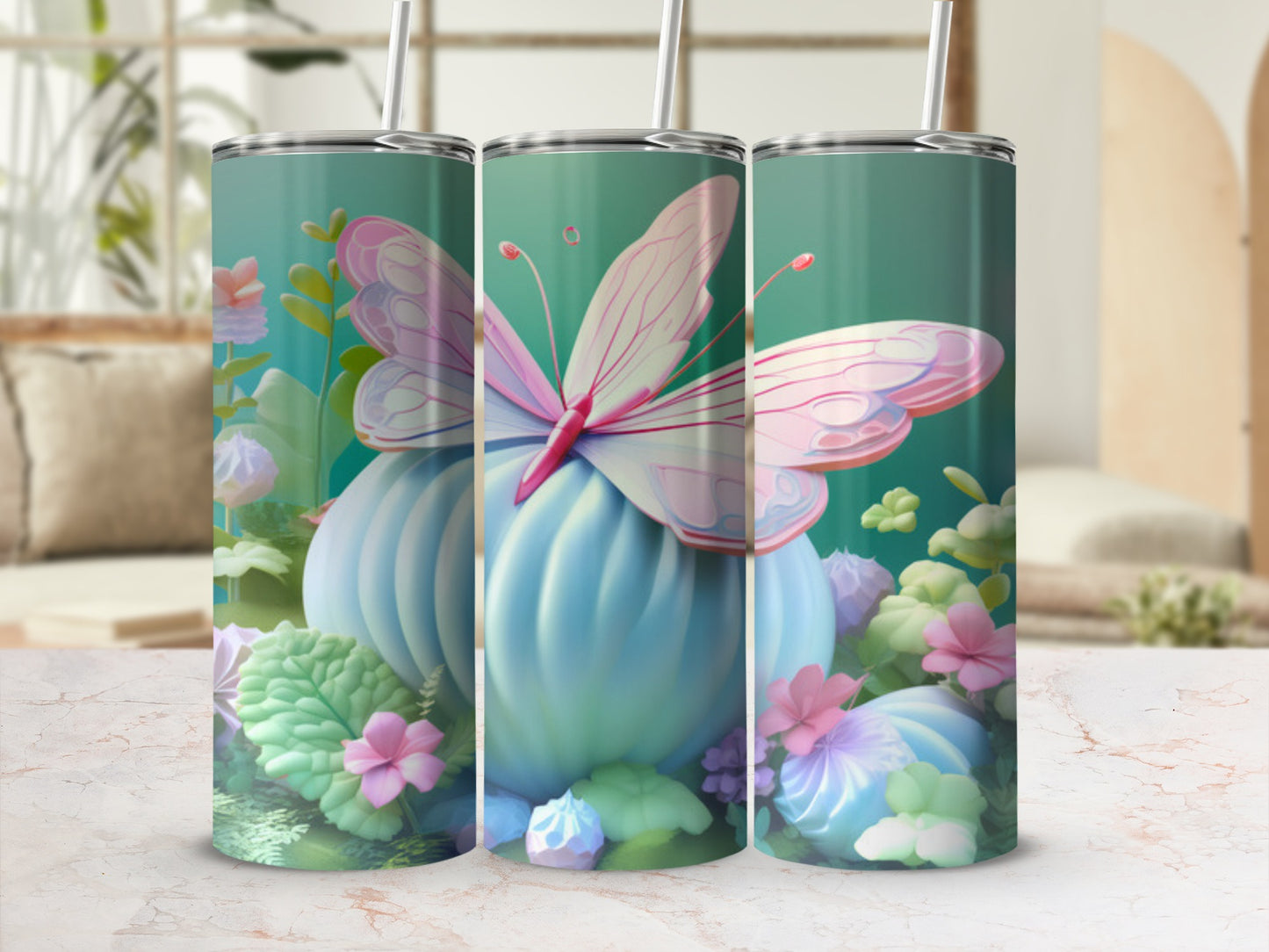 Pink butterfly on a pastel blue pumpkin, surrounded by flowers and leaves.