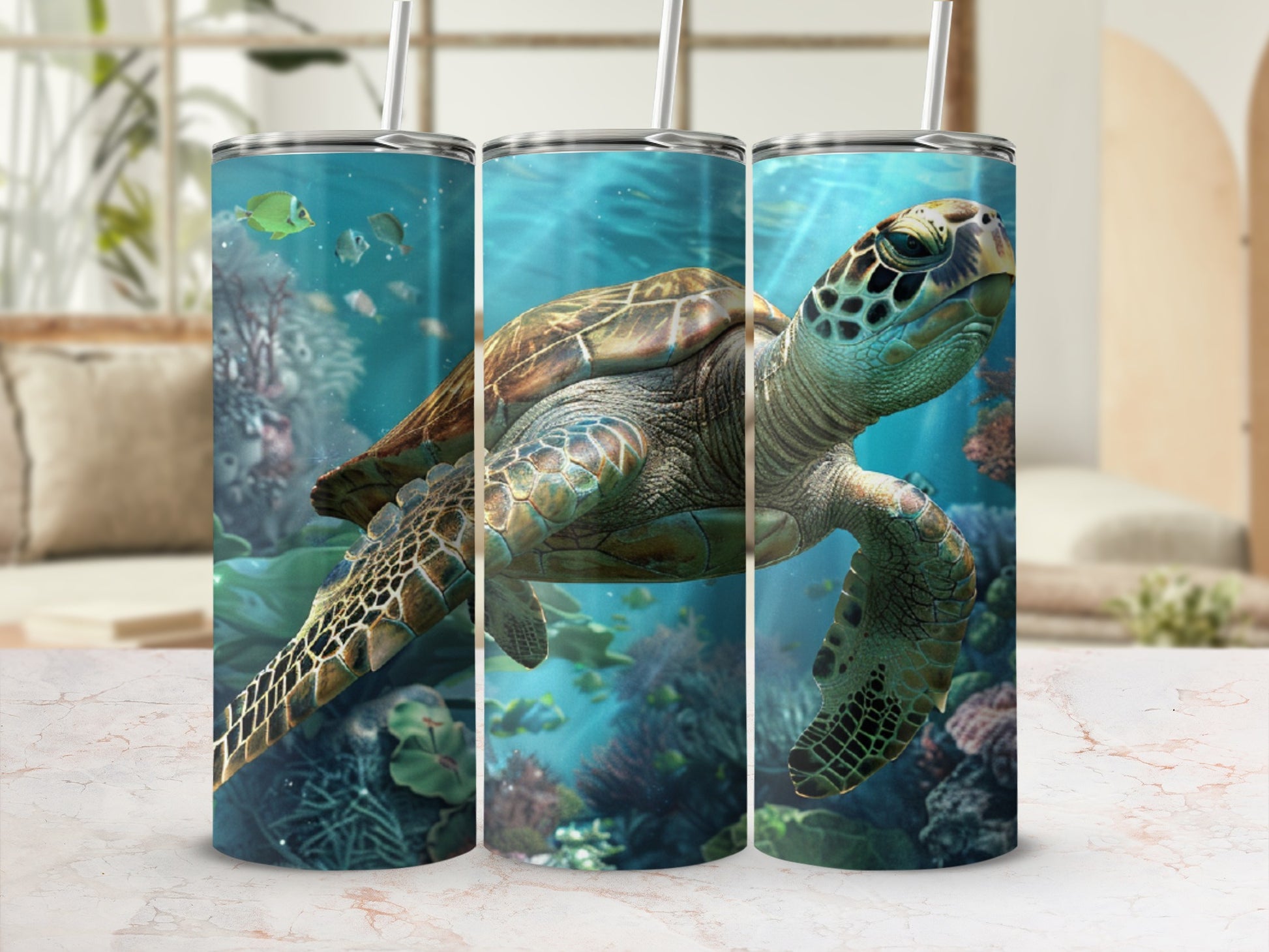 Sea turtle swimming underwater with coral and fish.