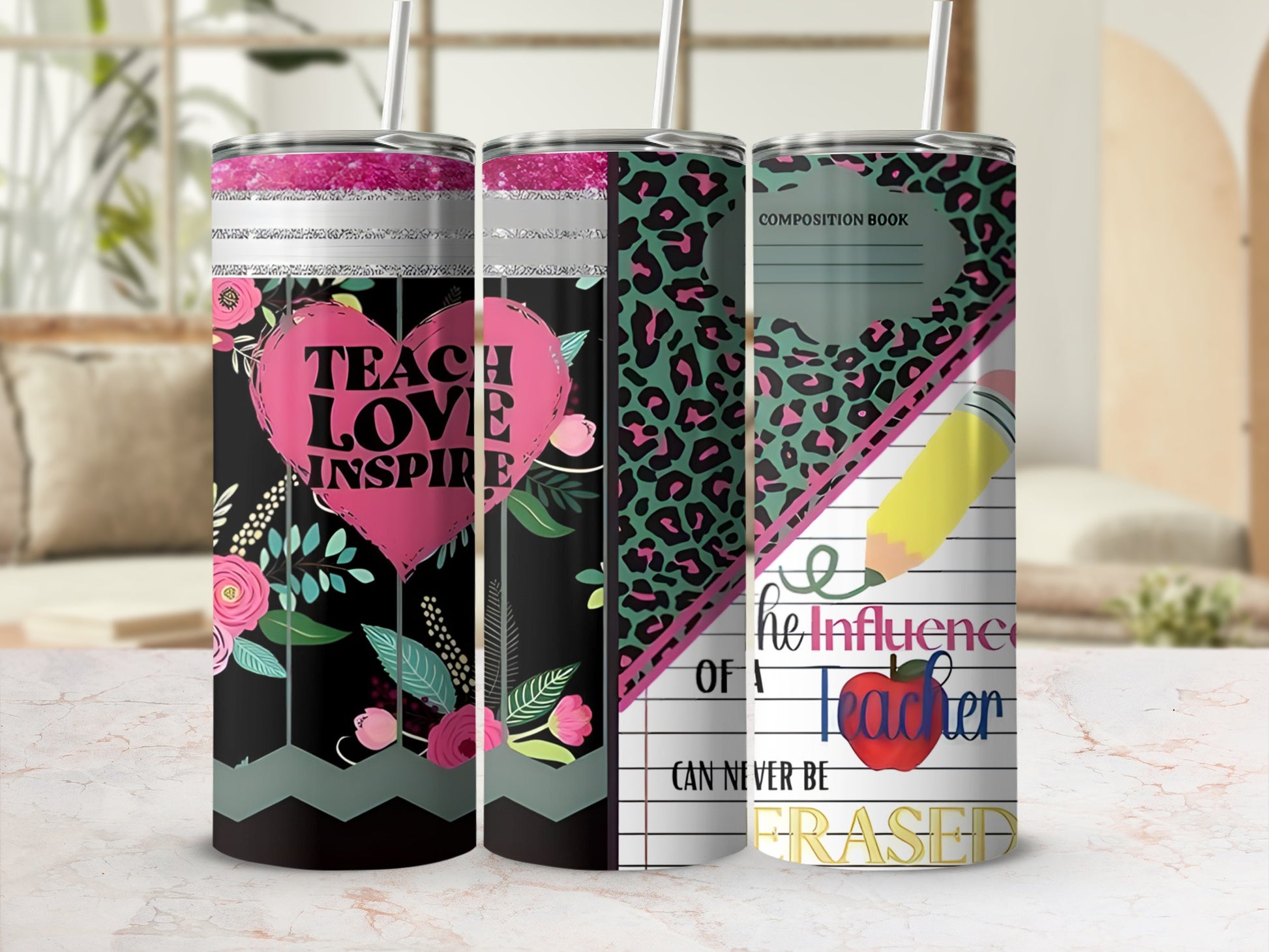 Teacher appreciation skinny tumblers with inspirational quotes and floral patterns.
