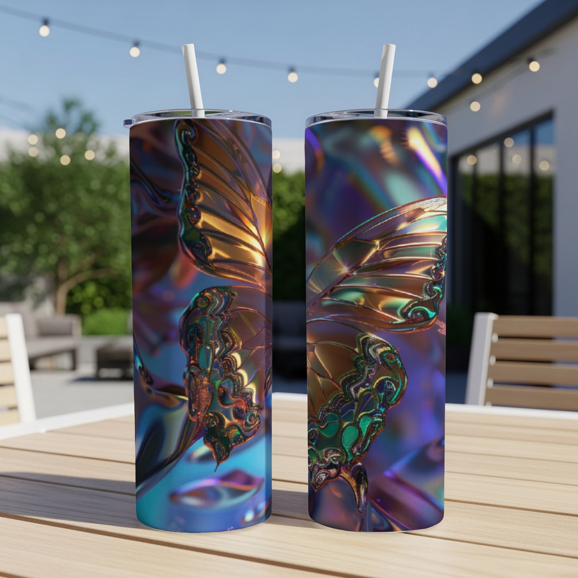 Two iridescent butterfly tumblers with straws on a wooden table outdoors.