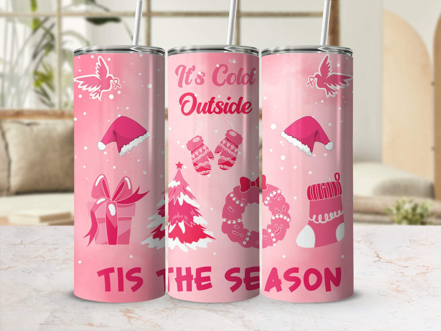Pink Christmas Themed Tumbler It's Cold Outside