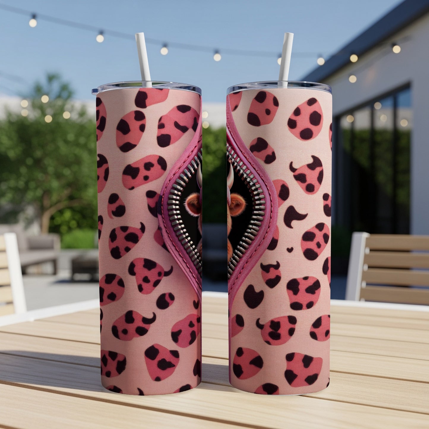 Pink cheetah print tumbler with a cat peeking through a zipper opening.