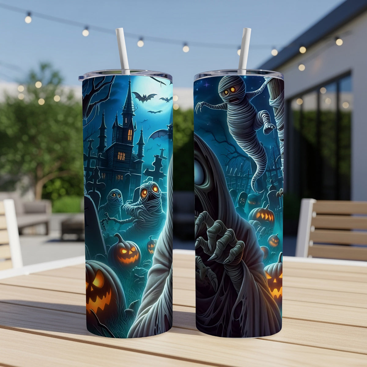 Two tumblers with a spooky Halloween scene featuring a haunted house, ghosts, mummies, and jack-o'-lanterns.