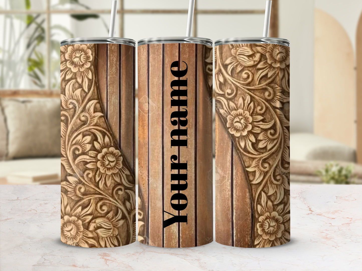 Personalized Floral Pattern Wood Style Tumbler