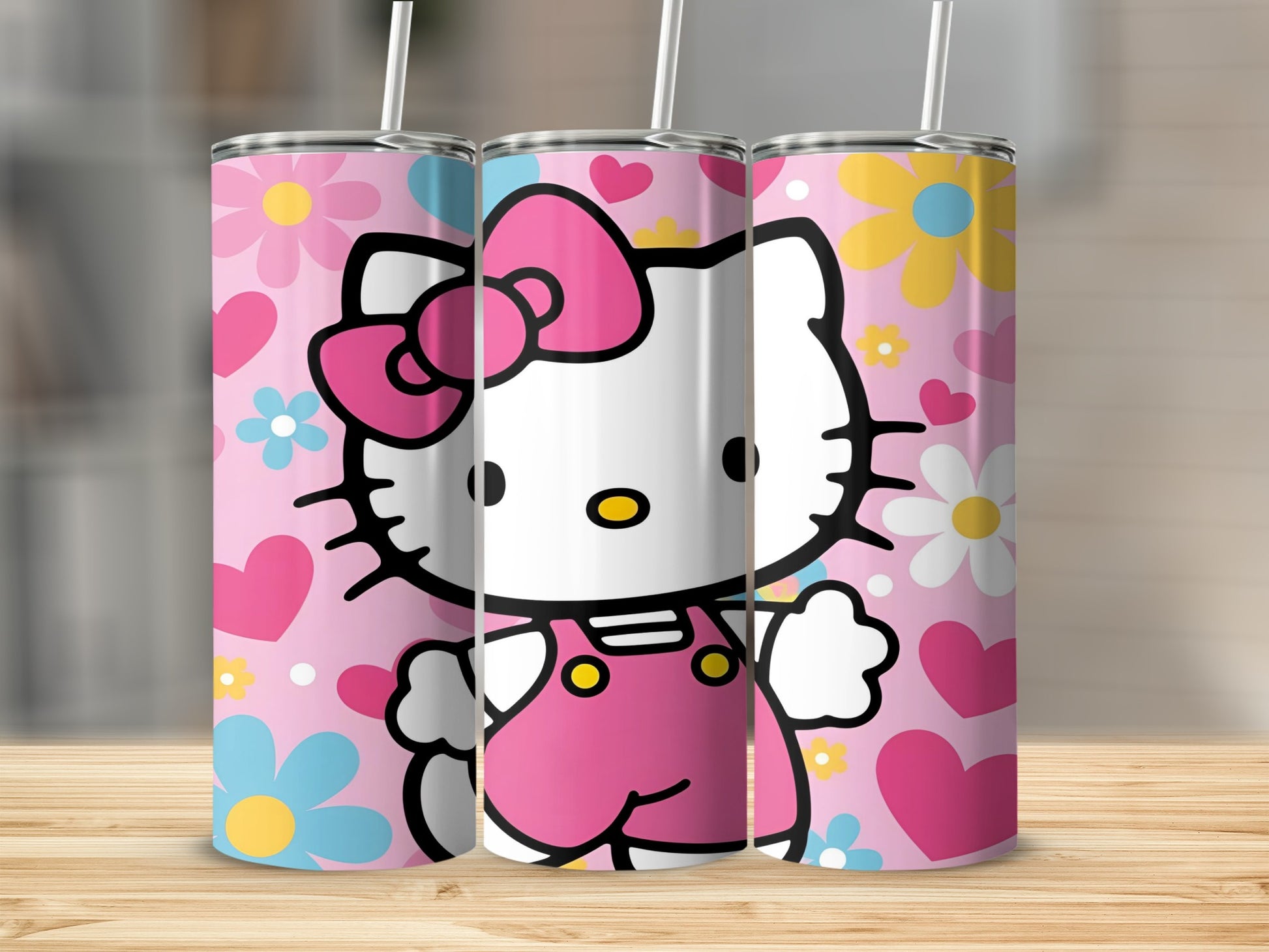 Hello Kitty in pink overalls on a pink background with floral patterns.