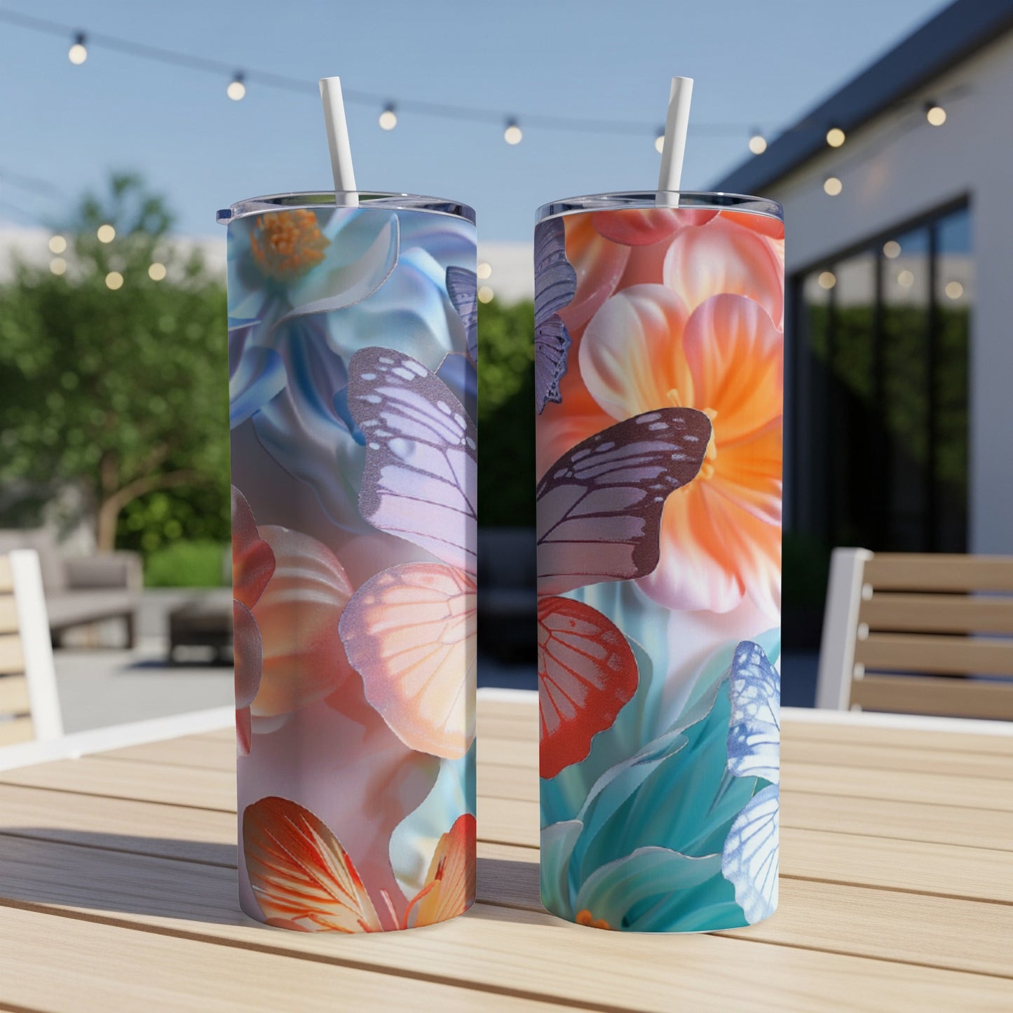Two tumblers with colorful floral and butterfly designs on an outdoor table.