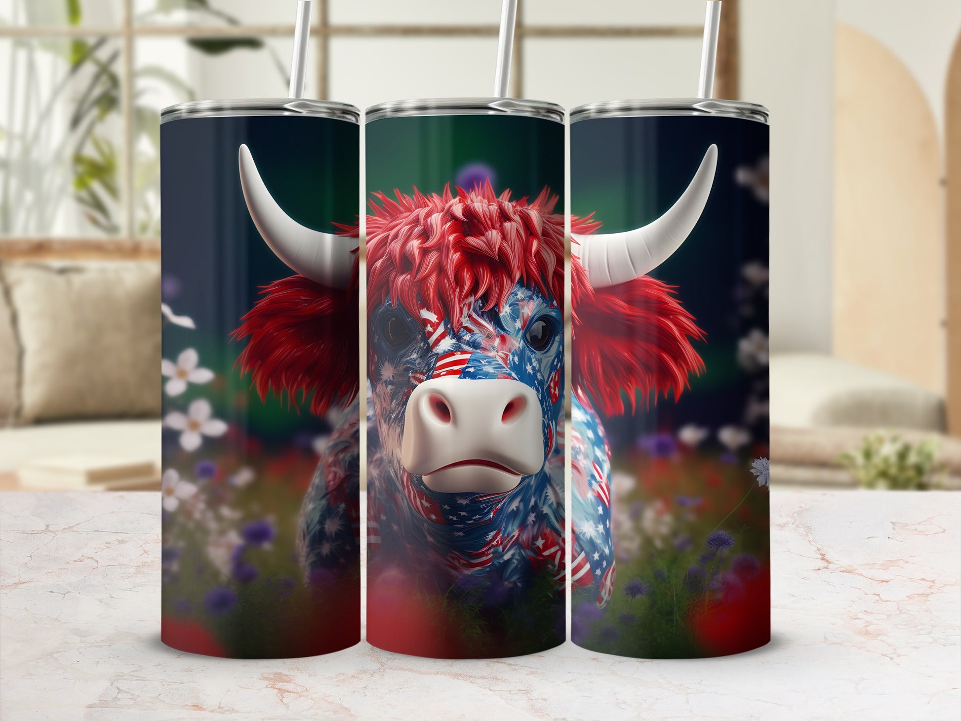 Tumbler with a patriotic Highland cow design.