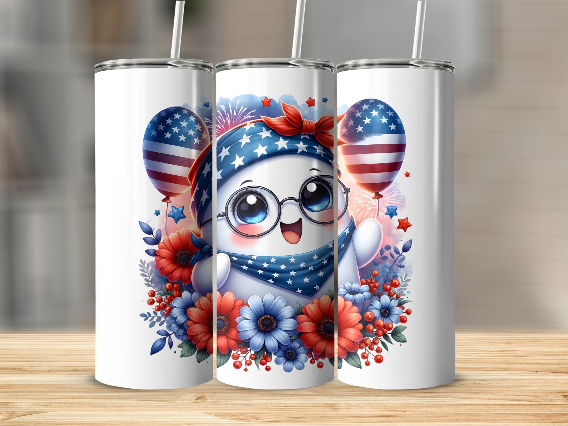 Cute patriotic ghost with balloons, stars, and flowers design on tumblers.