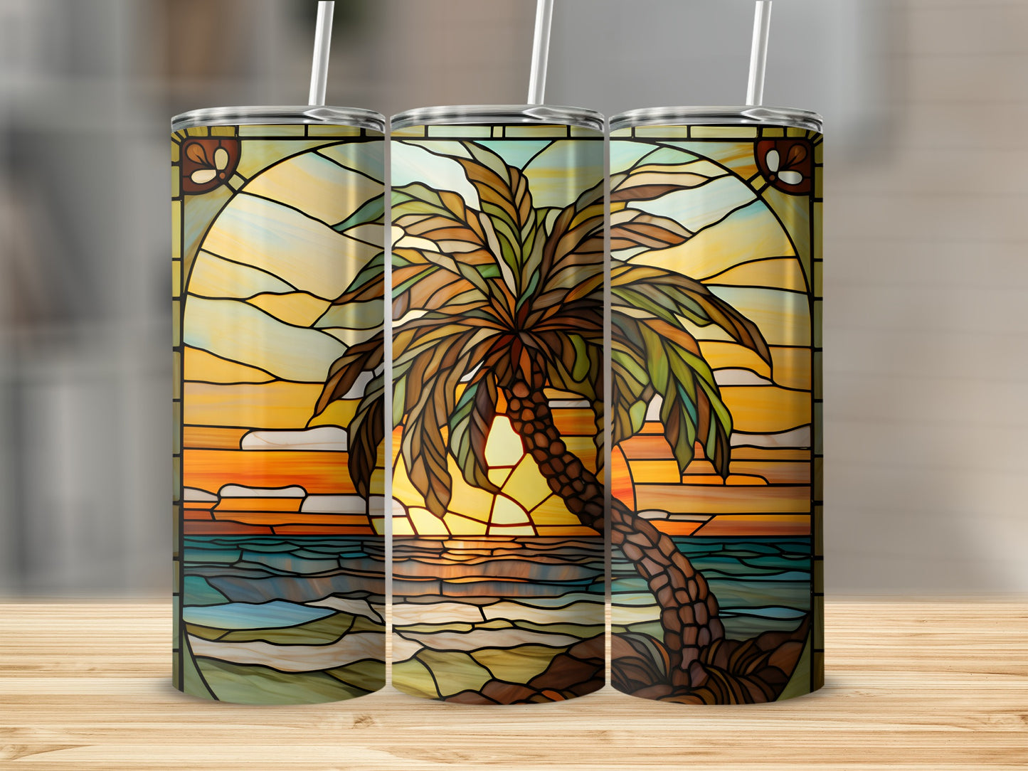 Stained glass tumbler with sunset palm tree design.