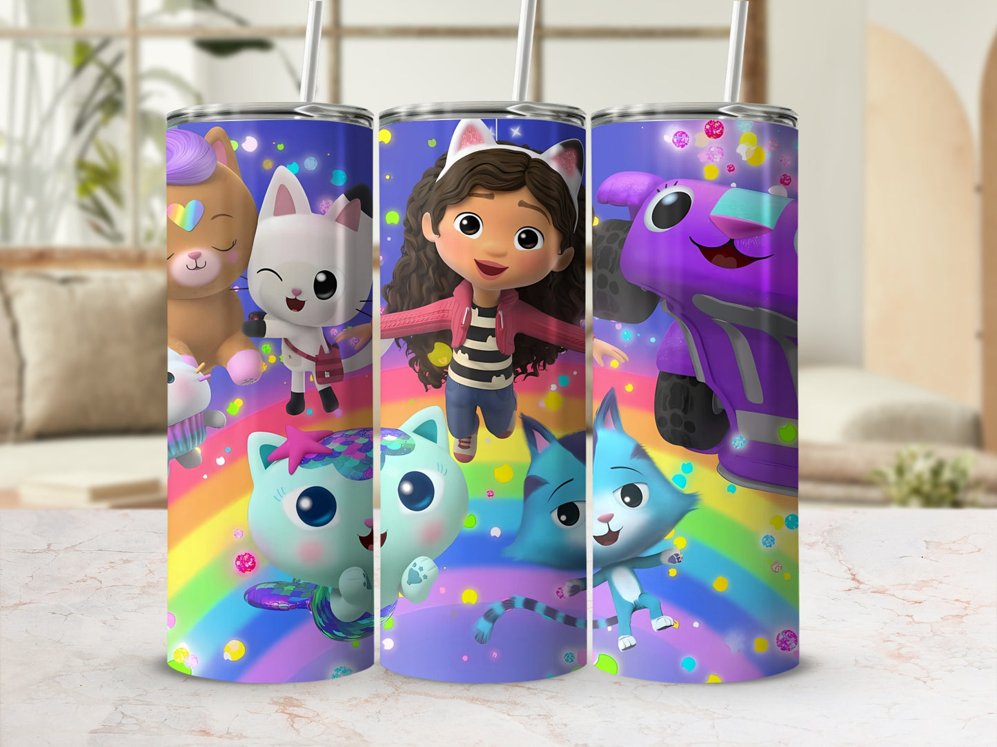 Colorful Cartoon Characters on Rainbow Background Tumbler