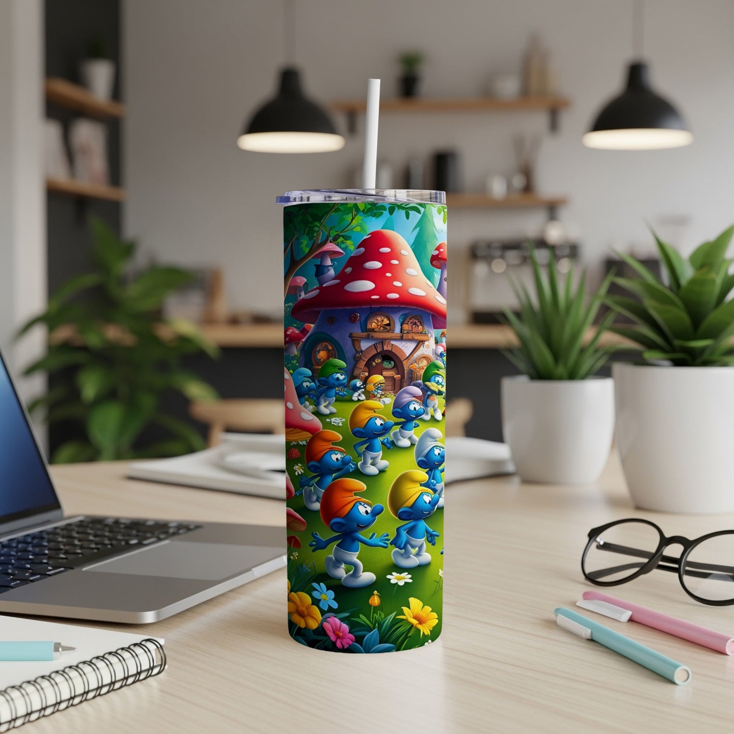 Smurfs surrounding a red mushroom house on a tumbler.