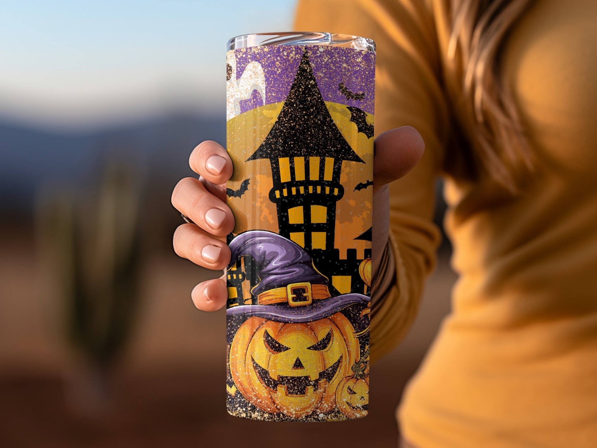 Spooky Halloween Pumpkin and Bats Halloween tumbler