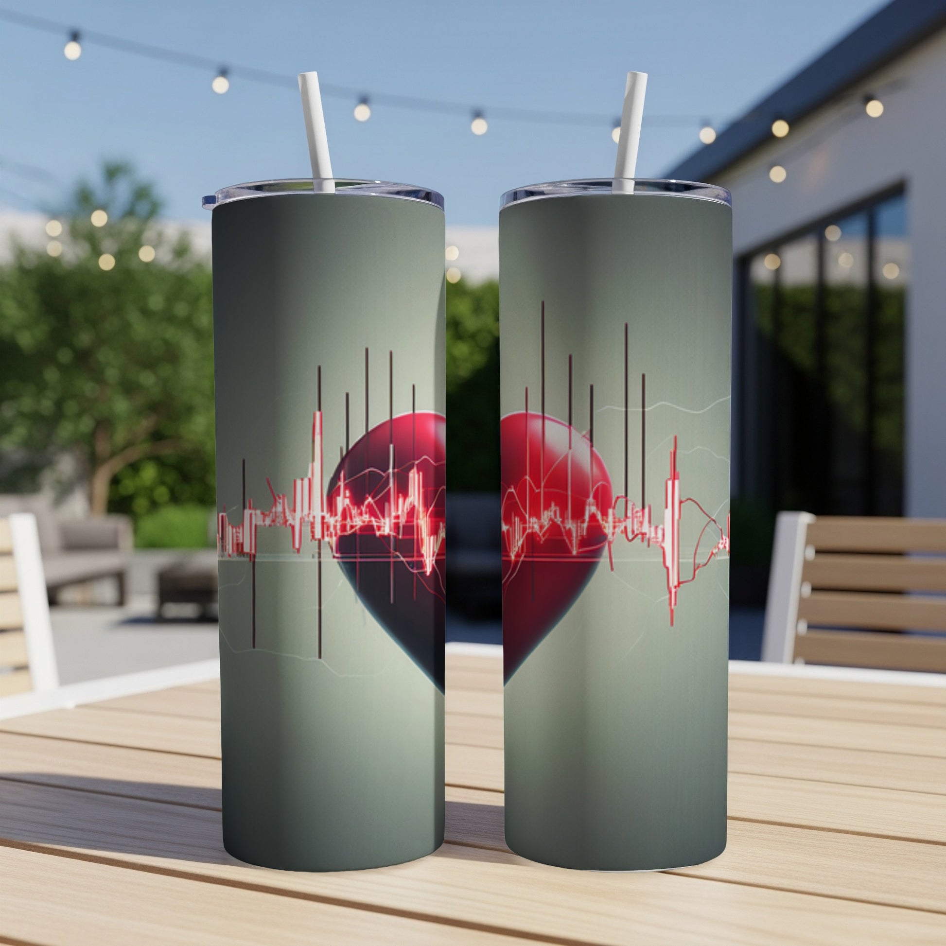 Two tumblers with a red heart and stock market graph design.
