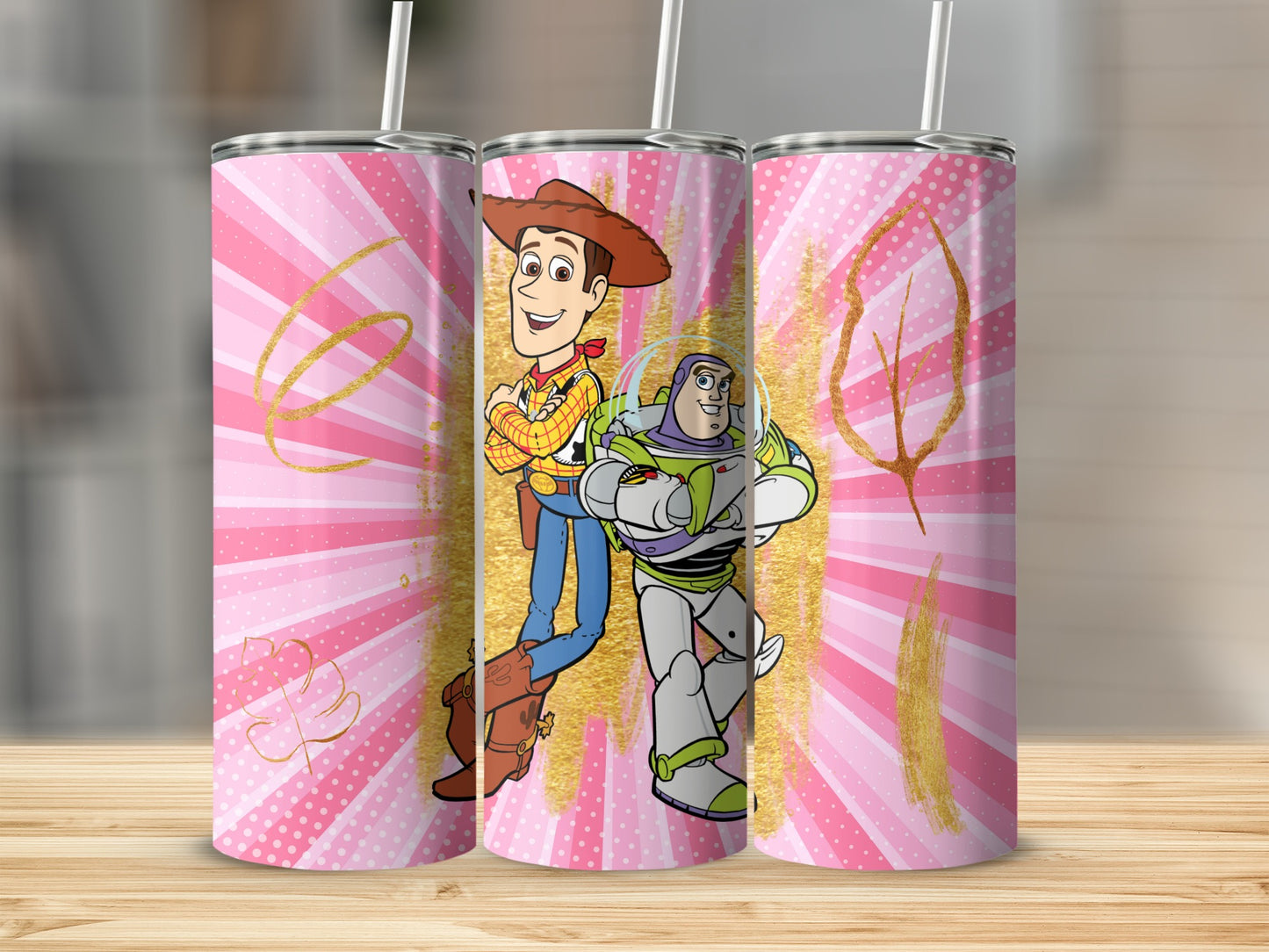 Pink Tumbler with Woody and Buzz Lightyear Design