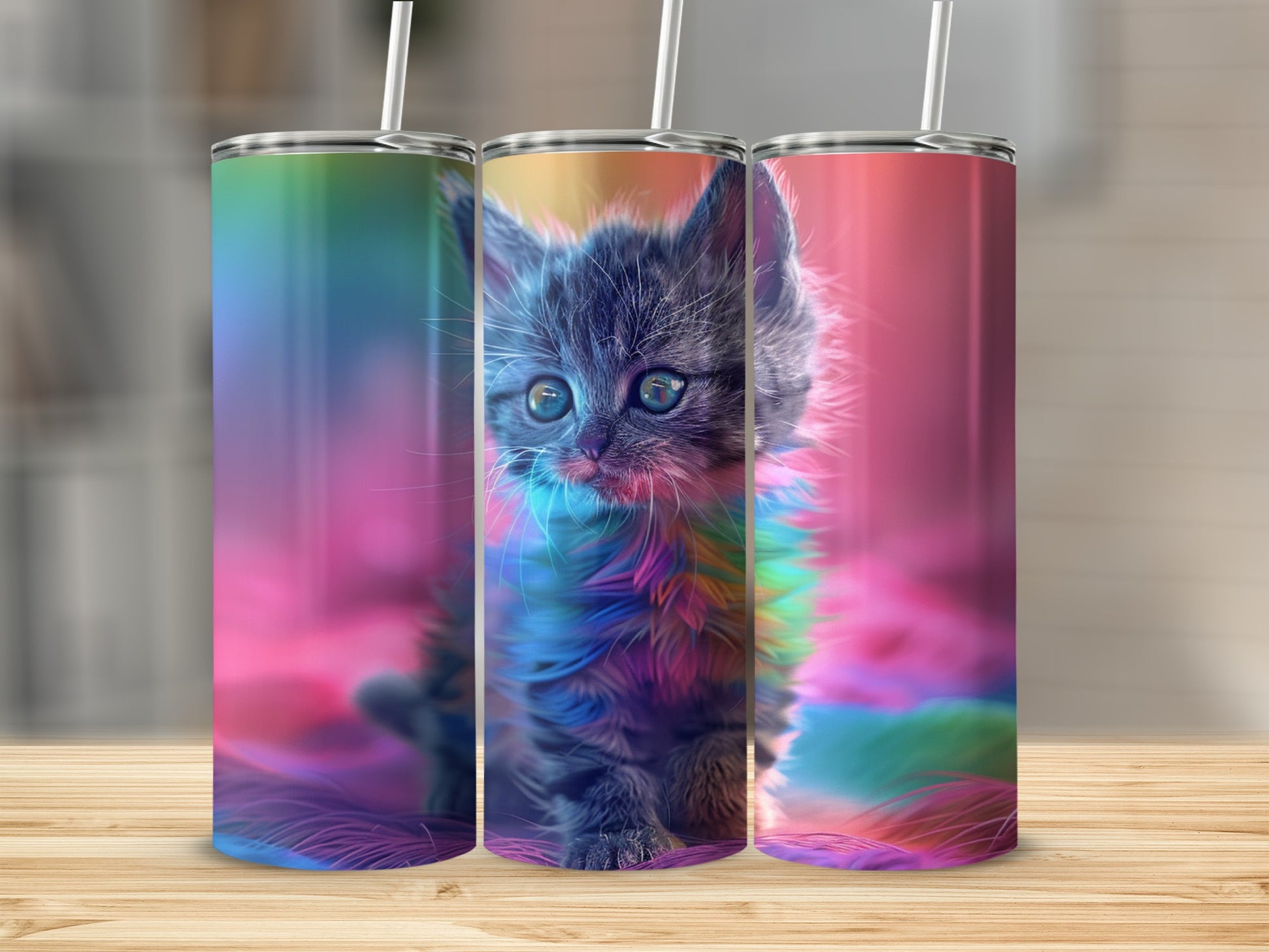 Kitten with blue eyes on a colorful abstract background, shown on three tumblers.