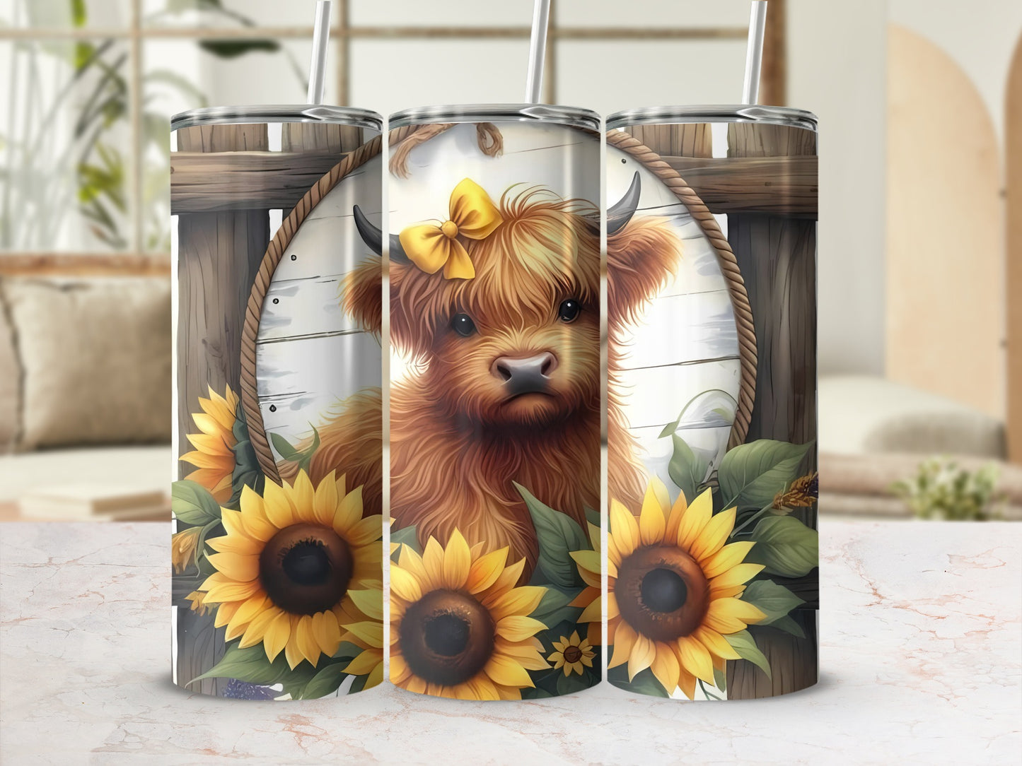 Adorable Highland Cow Tumbler with Sunflowers