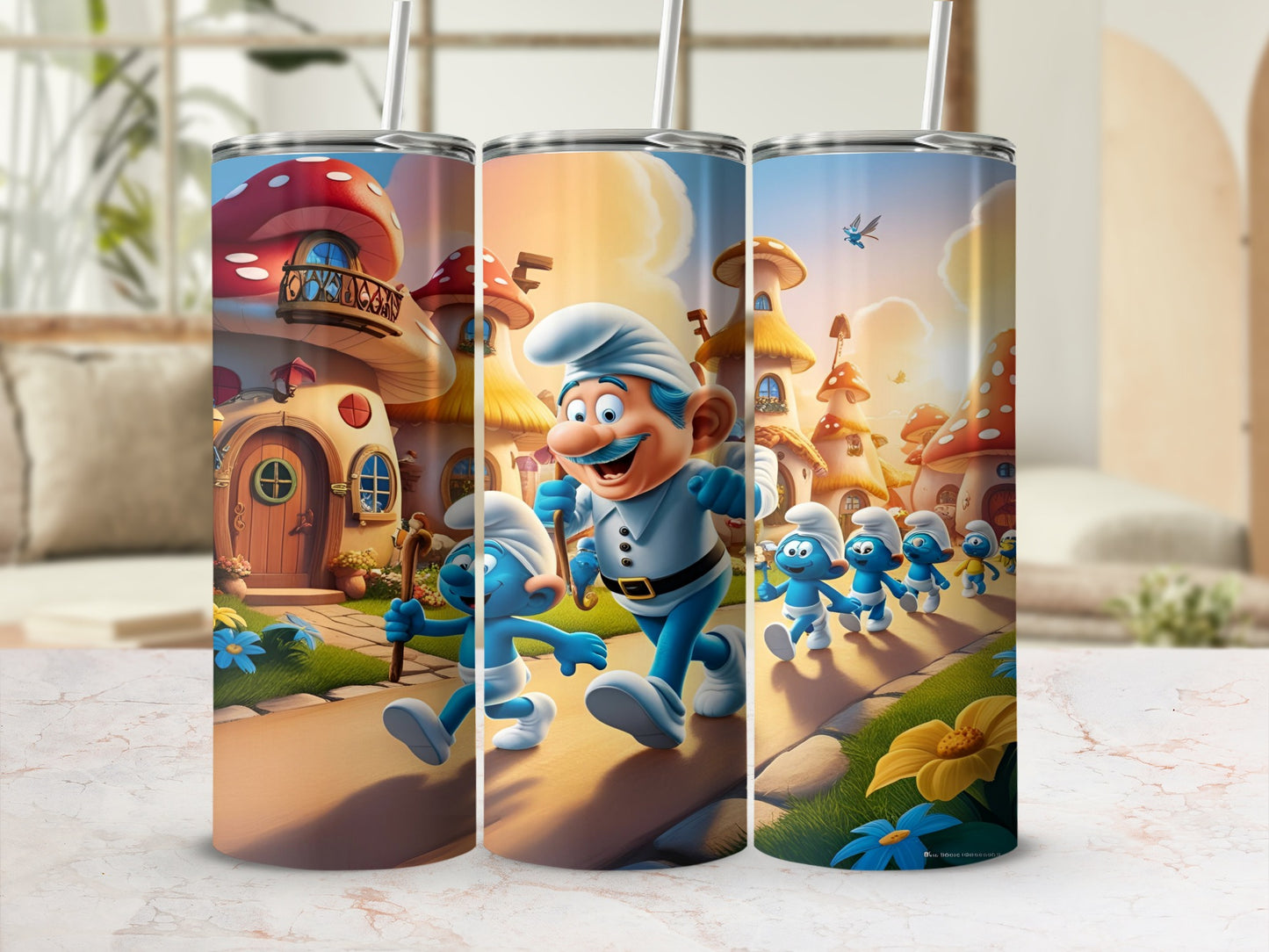 Smurfs walking through a village with mushroom houses and flowers.
