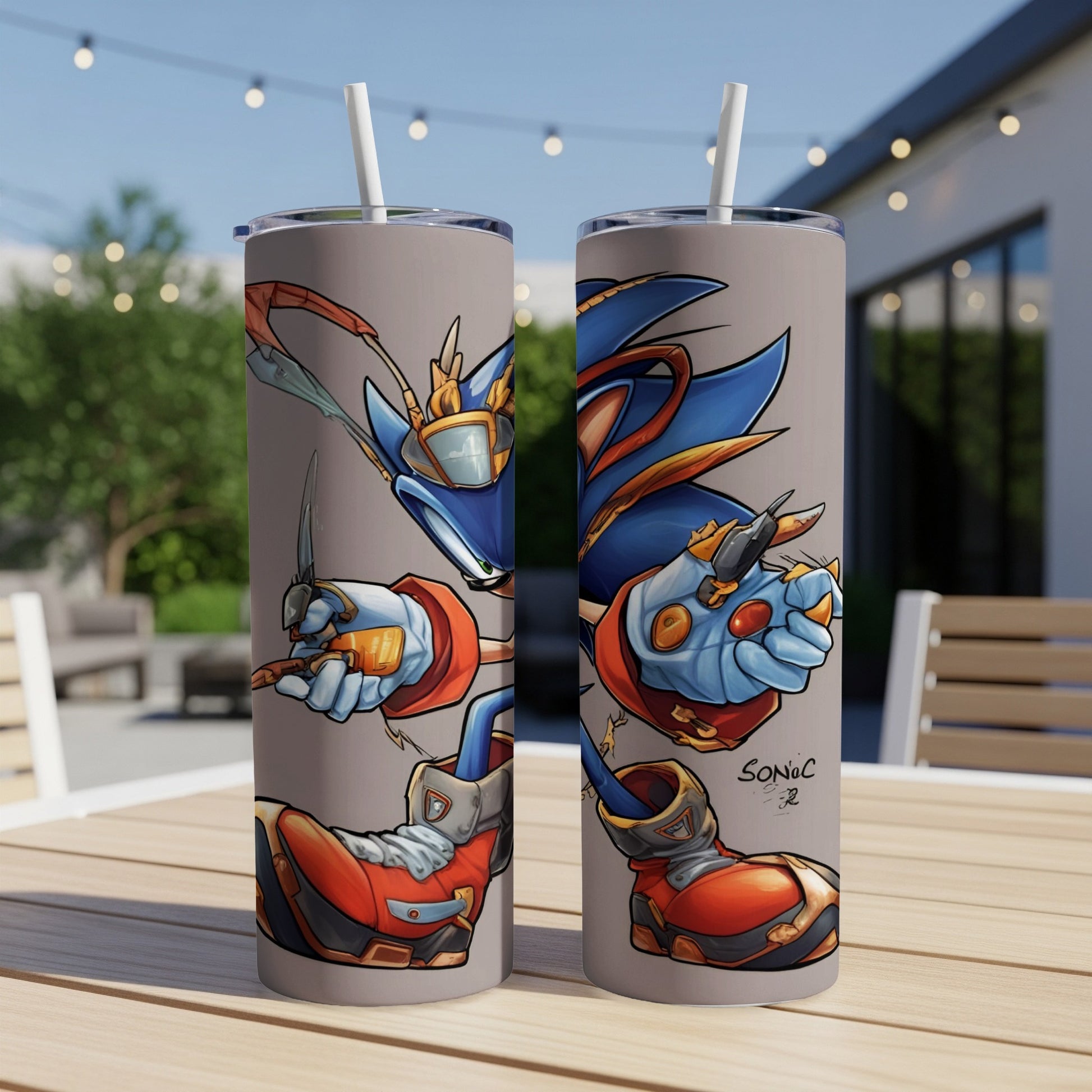 Sonic the Hedgehog character in action pose on a brown tumbler.