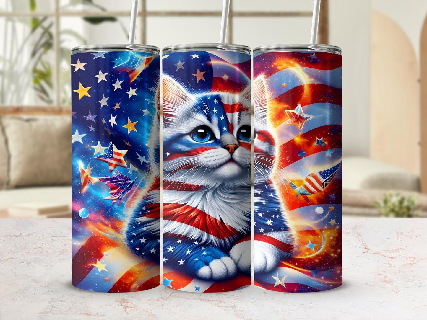 Triptych of patriotic kittens wrapped in American flag and starry galaxy backgrounds.