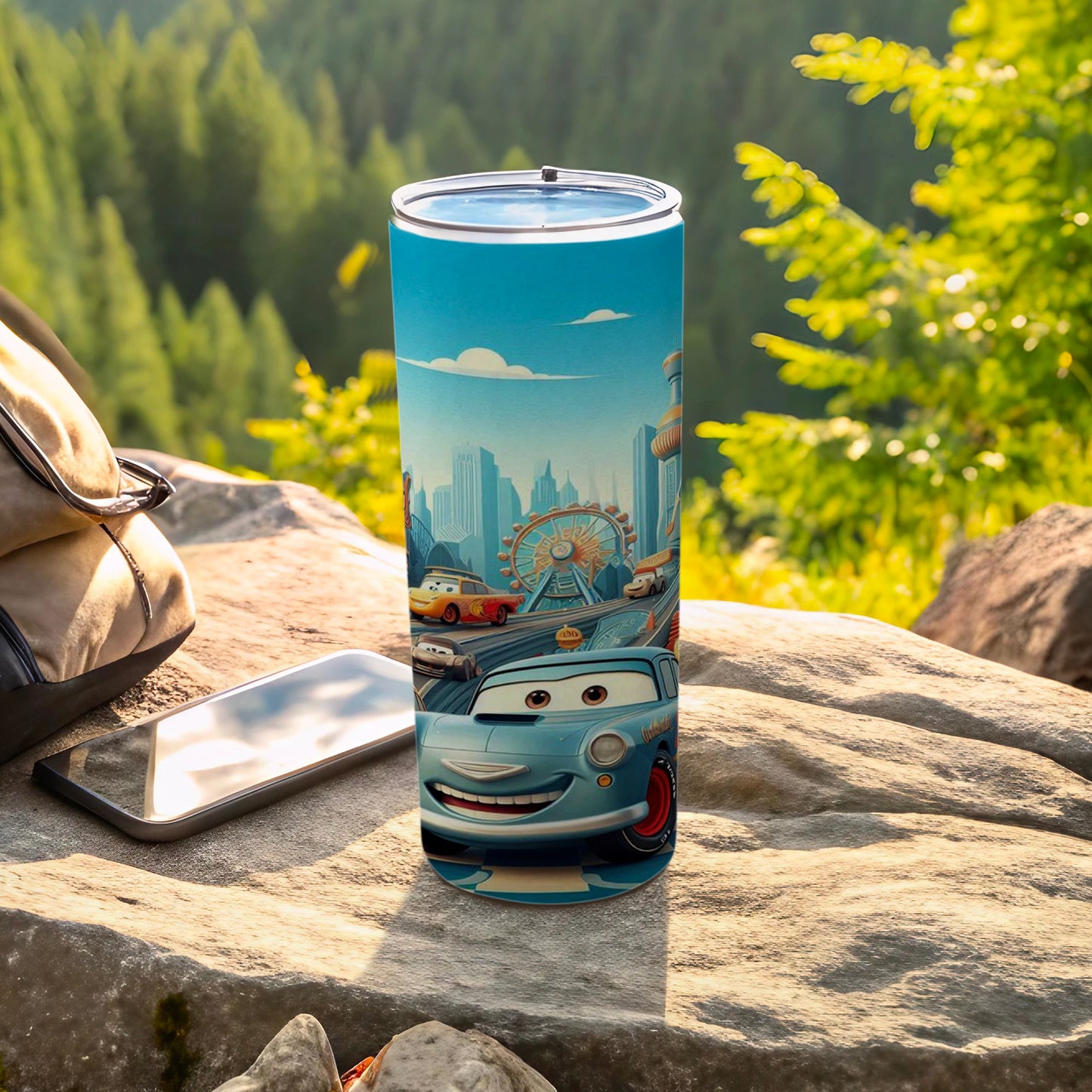 Colorful Travel Tumbler Featuring Cars in Urban Scene