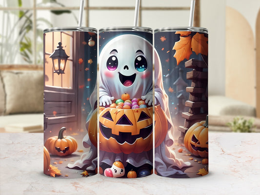 Cute ghost holding a jack-o'-lantern filled with candy, surrounded by pumpkins and leaves.