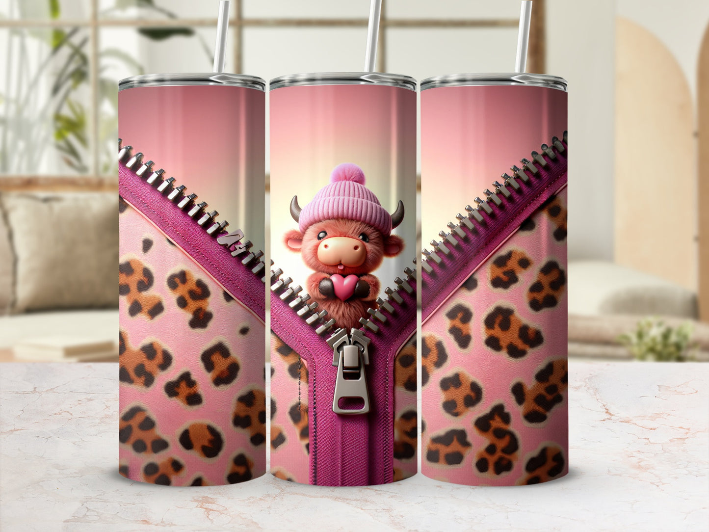 Pink leopard print tumbler with a zipped front revealing a cow in a pink hat.