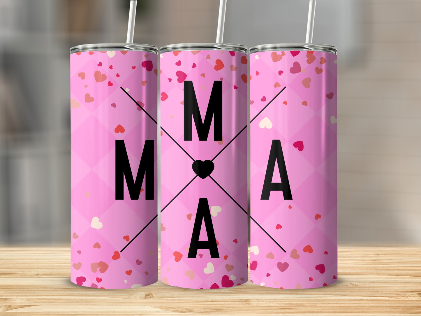 Pink MAMA Heart Patterned Tall Straight Straw Tumbler