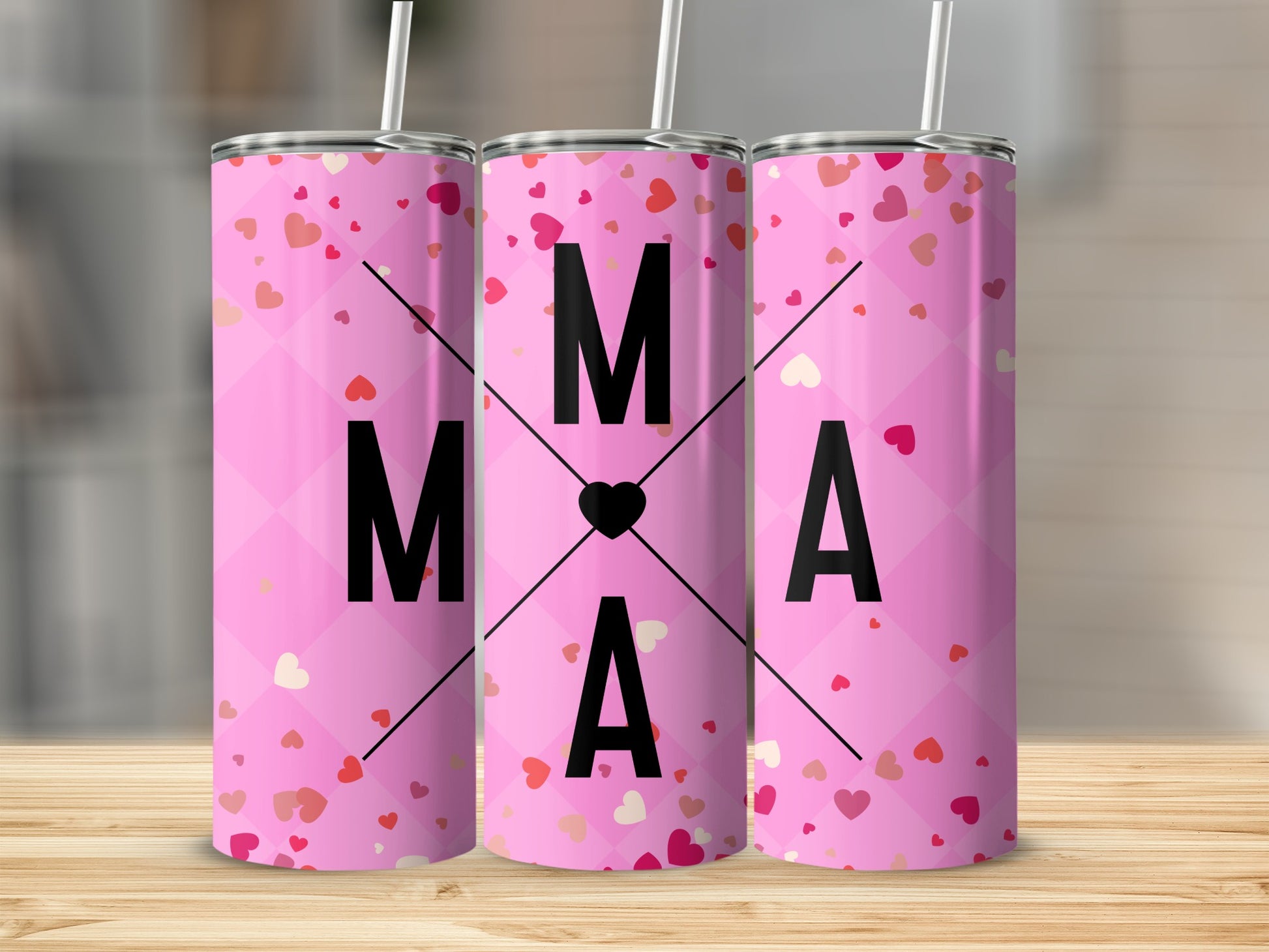 Pink MAMA Heart Patterned Tall Straight Straw Tumbler