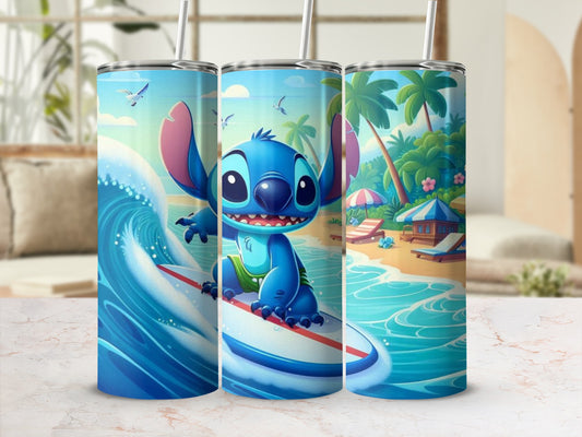 Surfing Stitch Tumbler with Tropical Beach Design
