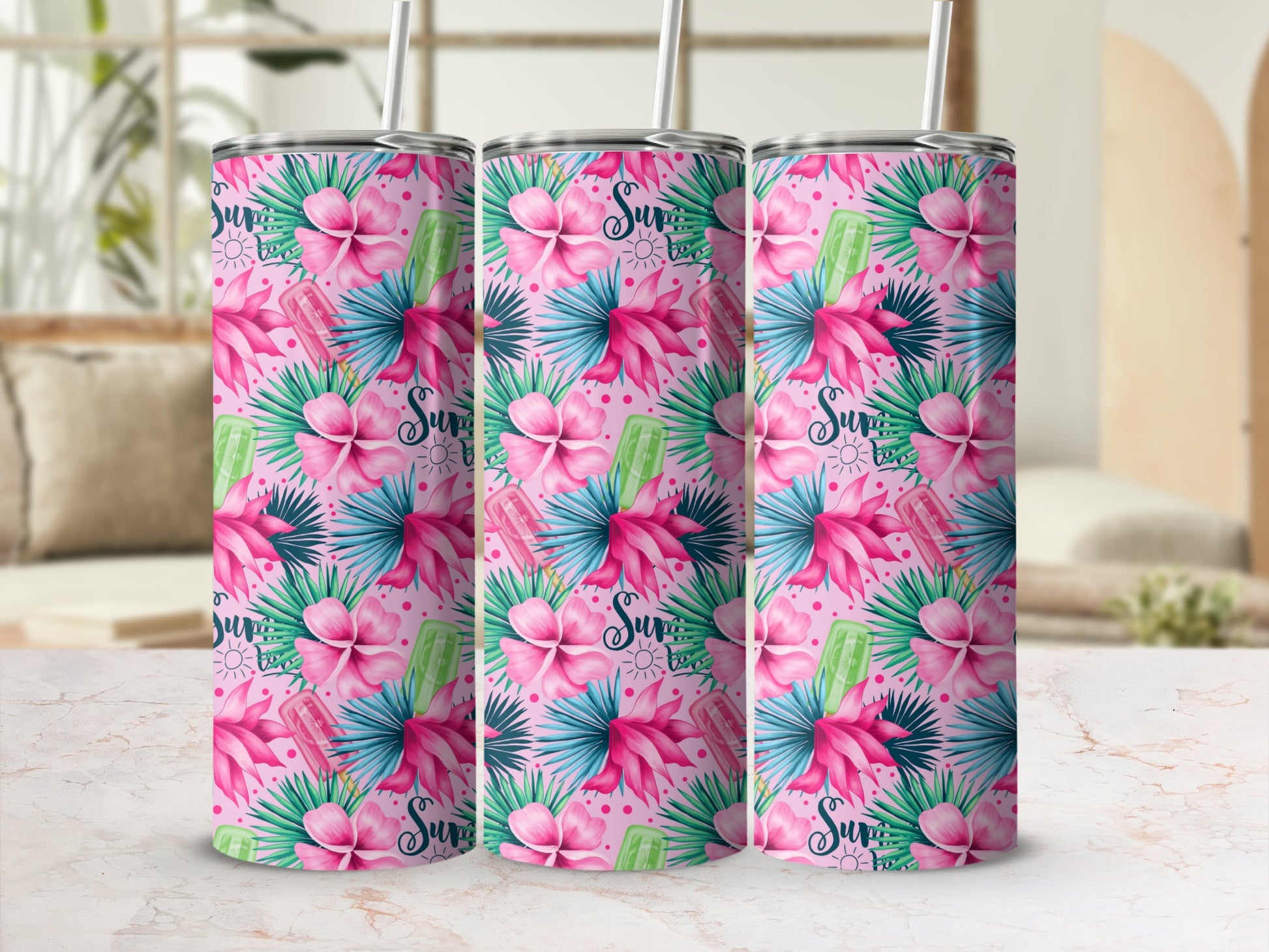 Pink tumblers with tropical flowers, leaves, and popsicles, featuring "Summer Time" text.
