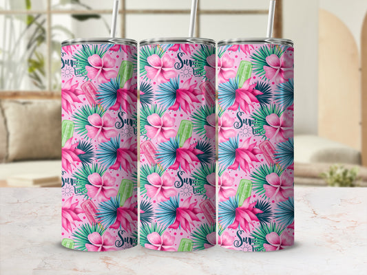 Pink tumblers with tropical flowers, leaves, and popsicles, featuring "Summer Time" text.